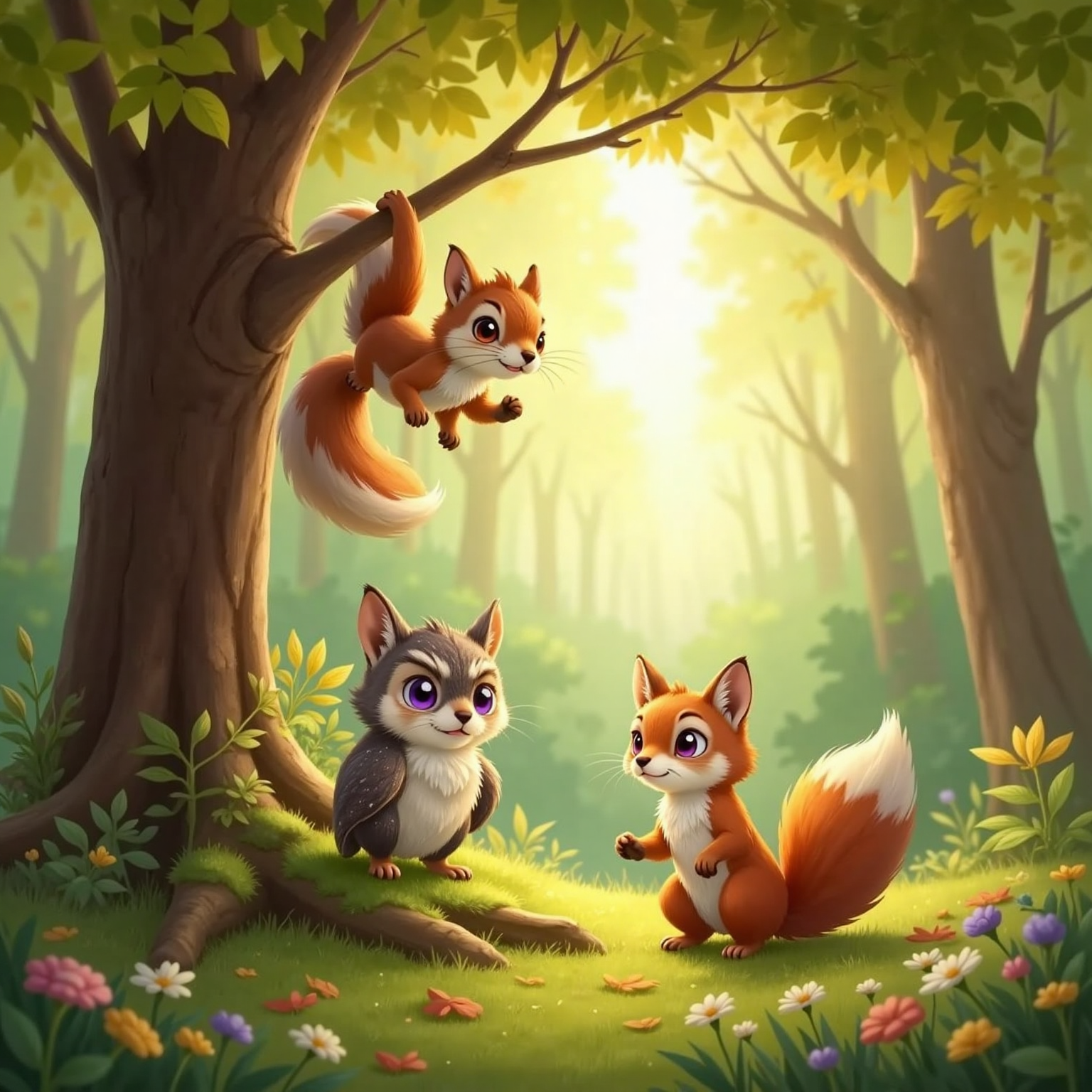 In the sun-dappled tree canopy late morning, Mimi hangs upside-down from a slender twig, fluffy tail curling, eyes shining. Luma and Felix watch from the trunk base, smiles bright among moss and scattered leaves.