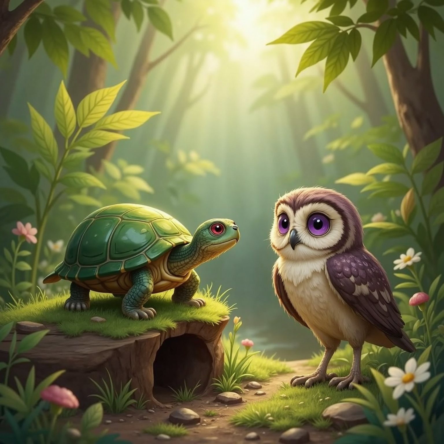 On the shady forest floor at midday, Tobi pokes his head from a moss-covered log, green shell catching specks of sunlight. Luma stands nearby, listening intently while ferns frame the calm, earthy scene.