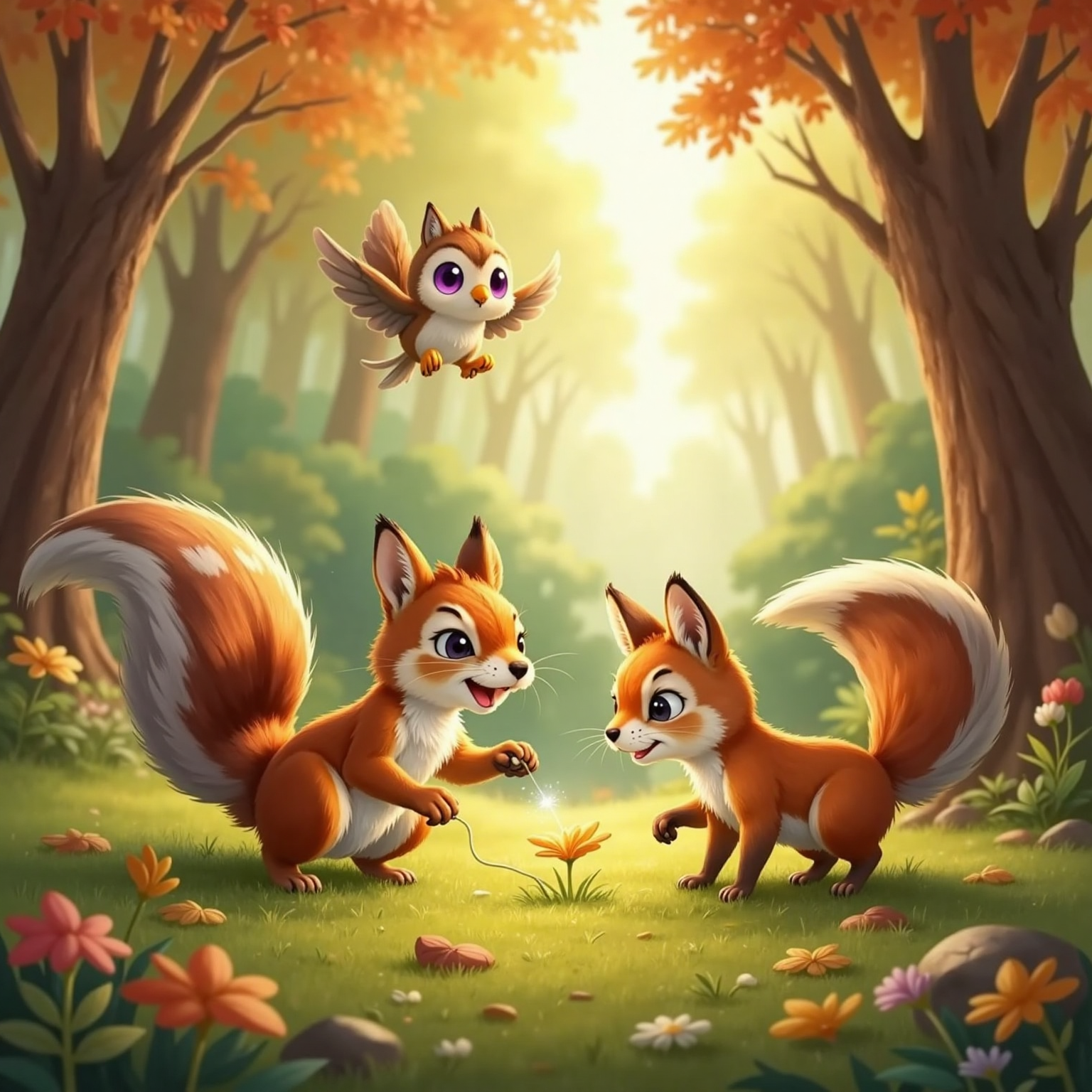 In a sunlit forest clearing, Mimi crouches over a glimmering silvery thread nestled in fallen leaves, one paw extended excitedly. Felix sniffs the trail while Luma hovers above them, wings half-spread in bright morning light.