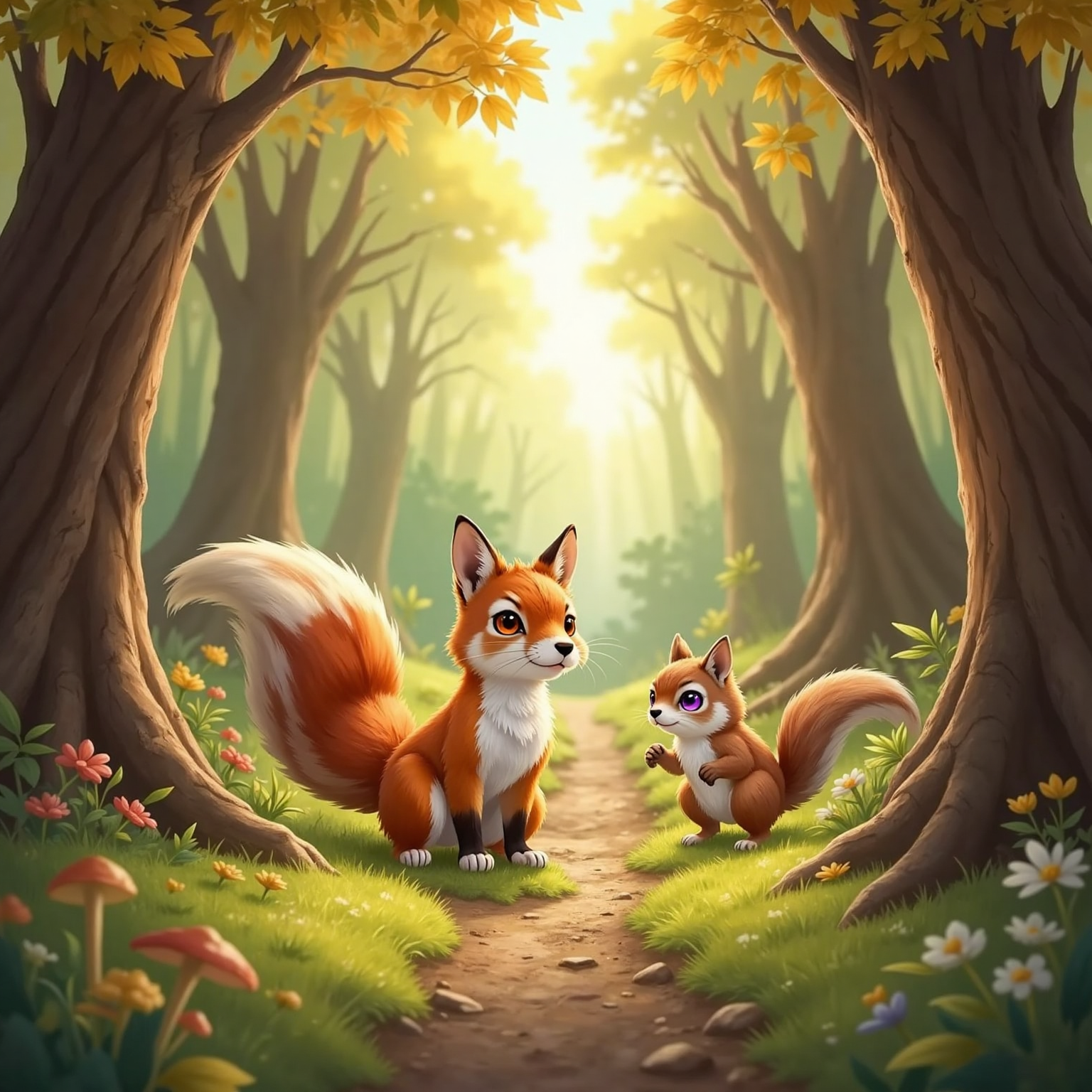 In a breezy woodland corridor under soft afternoon light, Felix pauses with ears perked, listening to rustling leaves swirling around his paws. Behind him, Luma spreads wings while Mimi sifts through leaf-strewn dirt.
