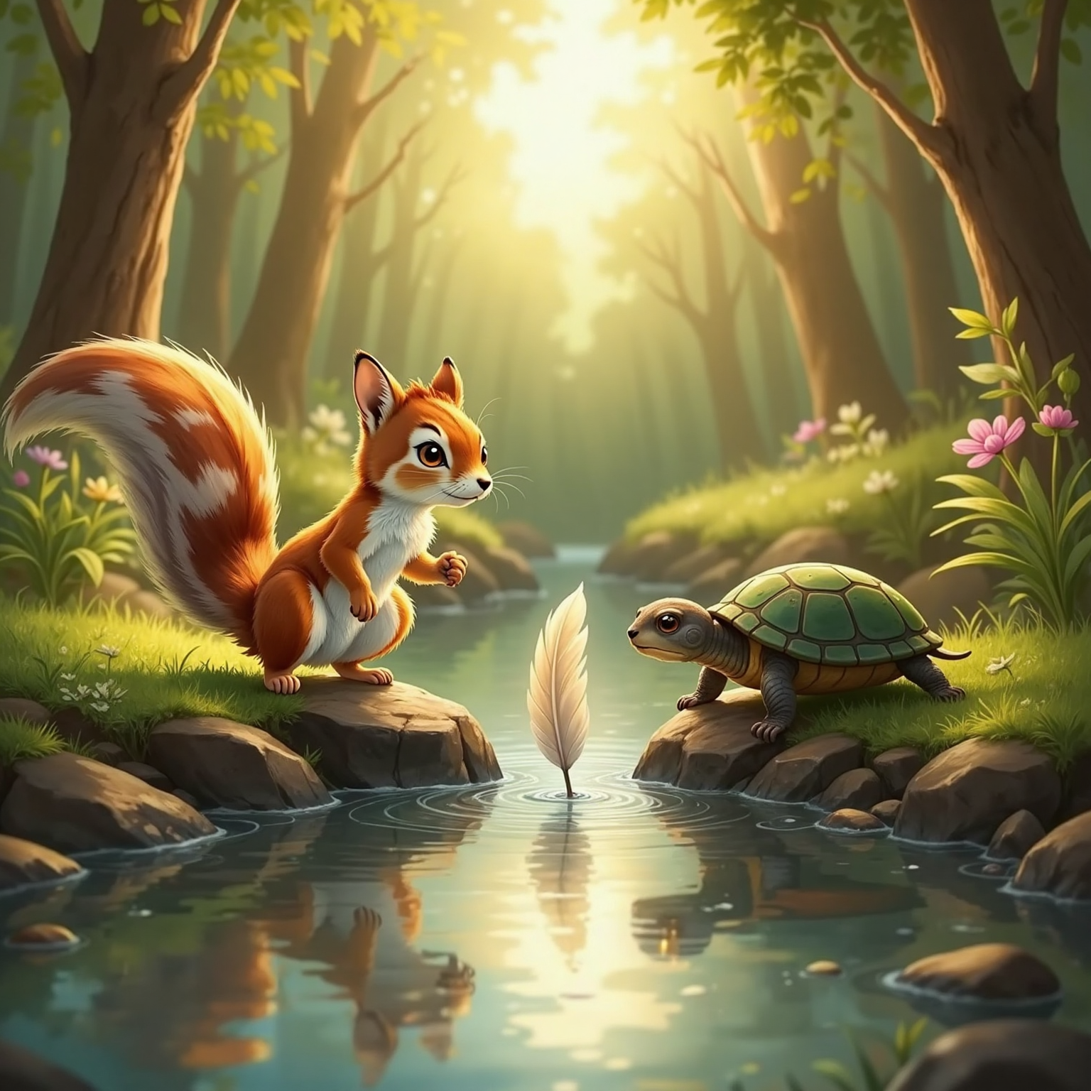 Beside a sun-sparkled stream at late afternoon, Mimi stands ankle-deep in water, eyes wide toward a softly glowing feather resting on a wet stone. Felix stretches over the bank while Tobi leans forward, ripples gleaming.