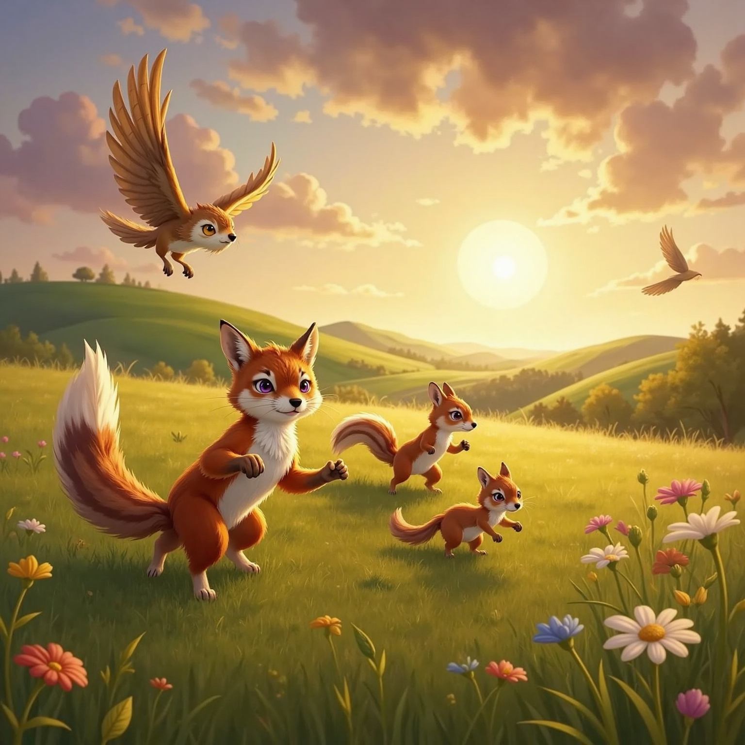 On a windy meadow at golden sunset, a swirling gust lifts the shimmering feather upward as Luma hovers anxiously above. Below, Felix sprints through bending grass while Mimi darts beside him, tails and fur whipped by wind.