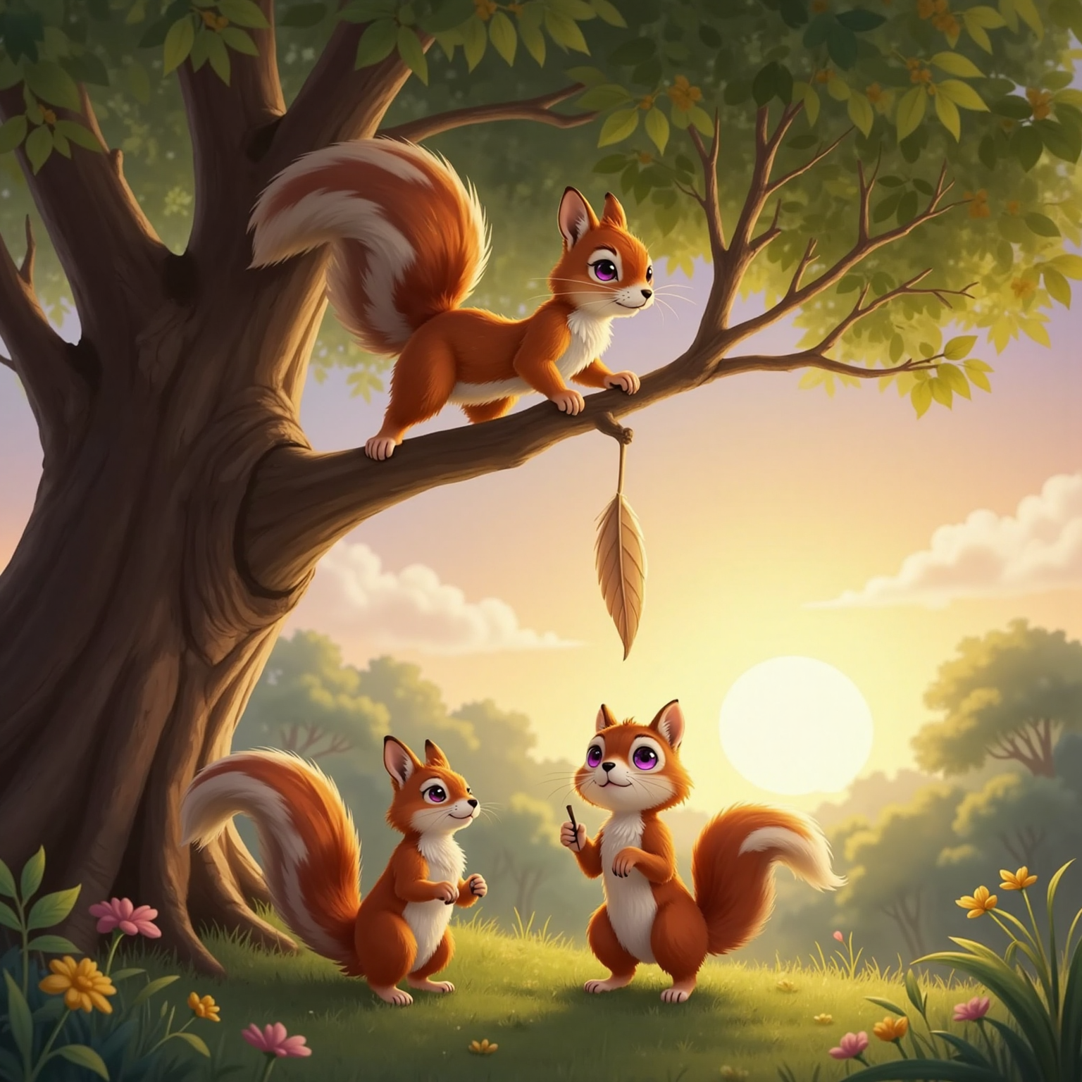 In the high oak canopy under fading daylight, Mimi stretches from a sturdy branch toward the drifting feather, tail fluffed for balance. Felix stands on a lower limb pointing upward while Luma circles just overhead, wings glowing amber.