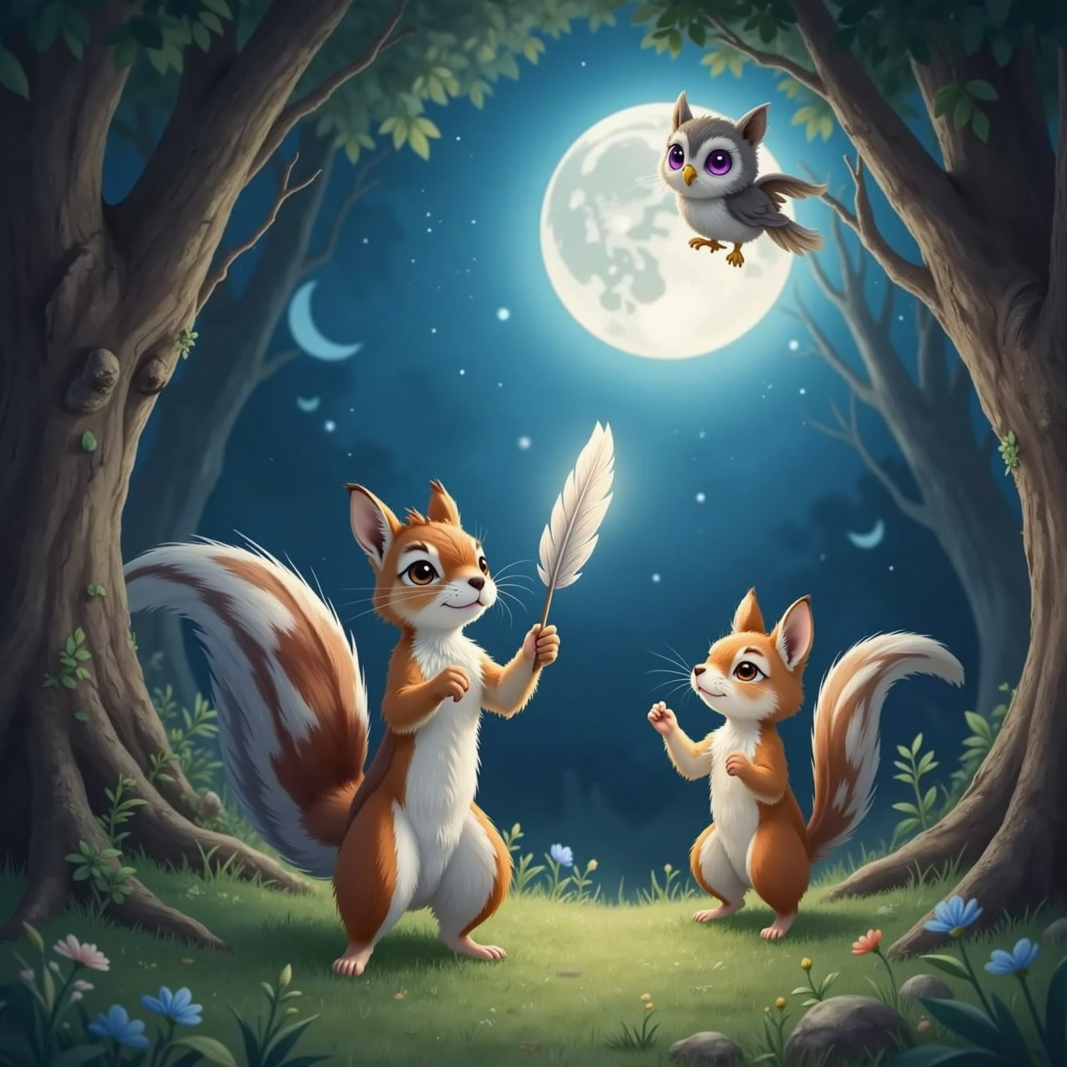 In a moonlit glade, Mimi proudly hoists the captured feather toward the starry sky, its silver sheen reflecting cool blue light. Felix leaps joyfully beside her while Luma hovers above, eyes sparkling with relief.