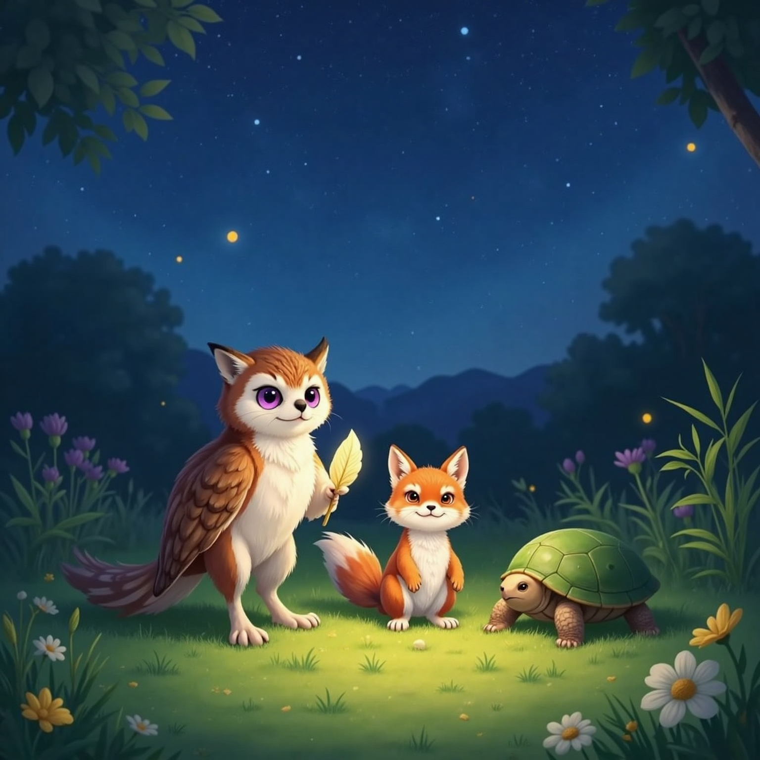 Beneath twilight stars in the quiet meadow, Luma stands at the circle’s center, feather tucked in wing, hooting warmly. Felix sits on soft moss smiling, while Tobi relaxes nearby, shell catching faint starlight among scattered wildflowers.