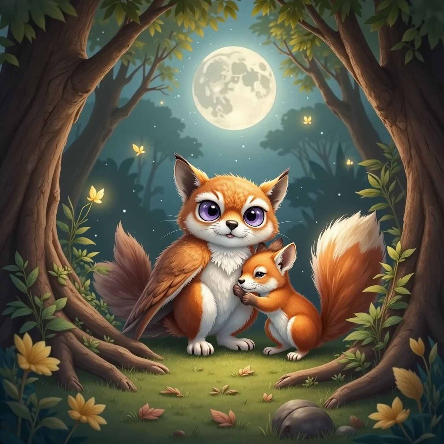 In a tranquil forest hollow bathed in pale moonbeams, Luma sleeps with the feather tucked close, wings gently curved. Felix curls against her side, and Mimi snuggles near his tail; fireflies drift above fallen leaves.