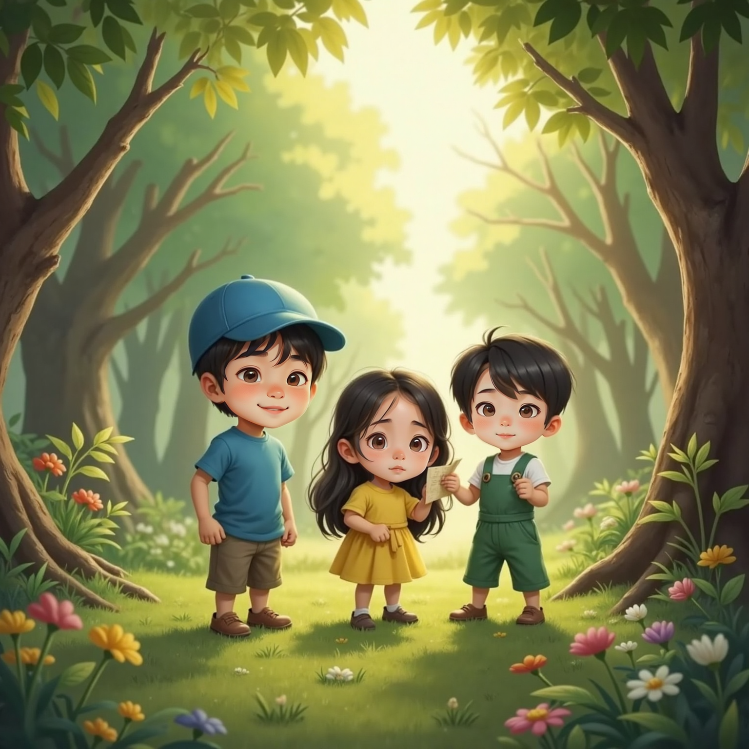 In a sunlit forest edge, Agent raises a wrinkled map he pulled from under his blue cap. Mini gasps beside him while Jungki, shoes untied, hops excitedly as morning light filters through leafy branches.