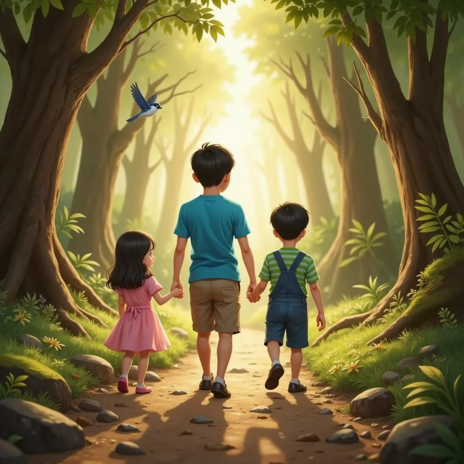 On a dappled forest path at sunrise, Agent strides ahead holding Mini's hand. Jungki hums a tune while birds flutter overhead between tall trunks, filling the cool air.
