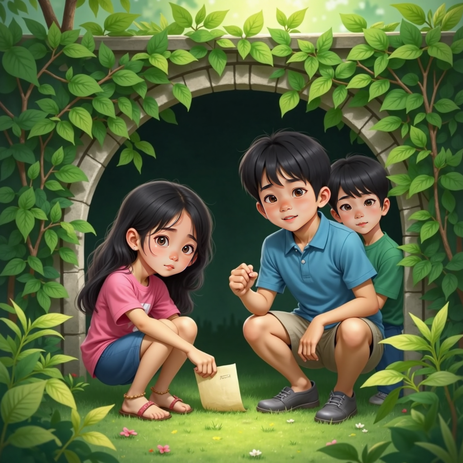 Mini discovers a riddle note hidden among green vines, as Agent reads it aloud nearby.