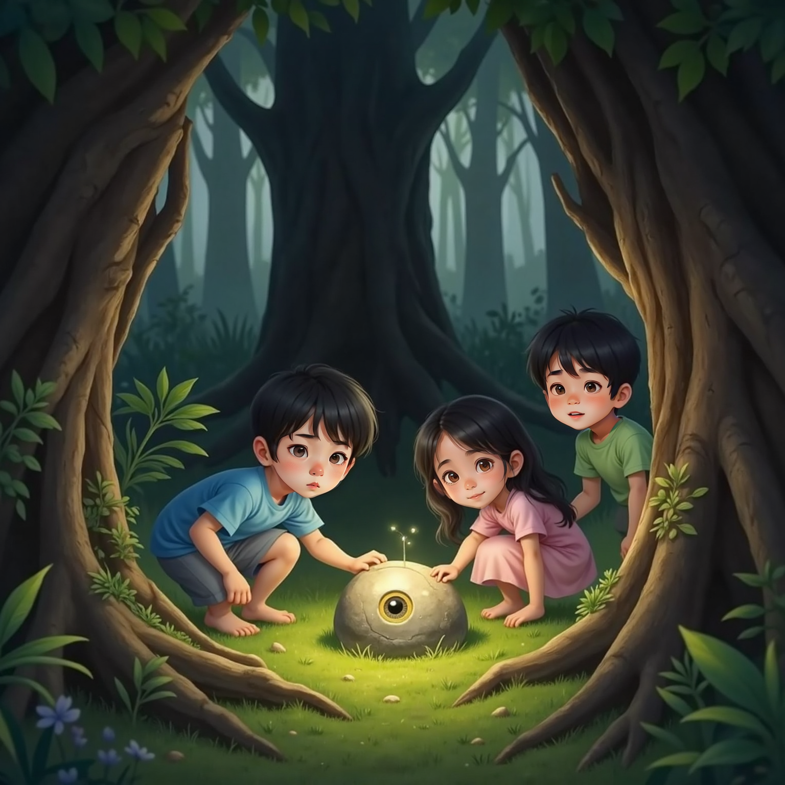 In a shadowy forest nook at dusk, a glowing stone with a single blinking eye rests on moss. Mini whispers close by, Jungki tiptoes forward, and Agent watches, light from the stone illuminating their faces.