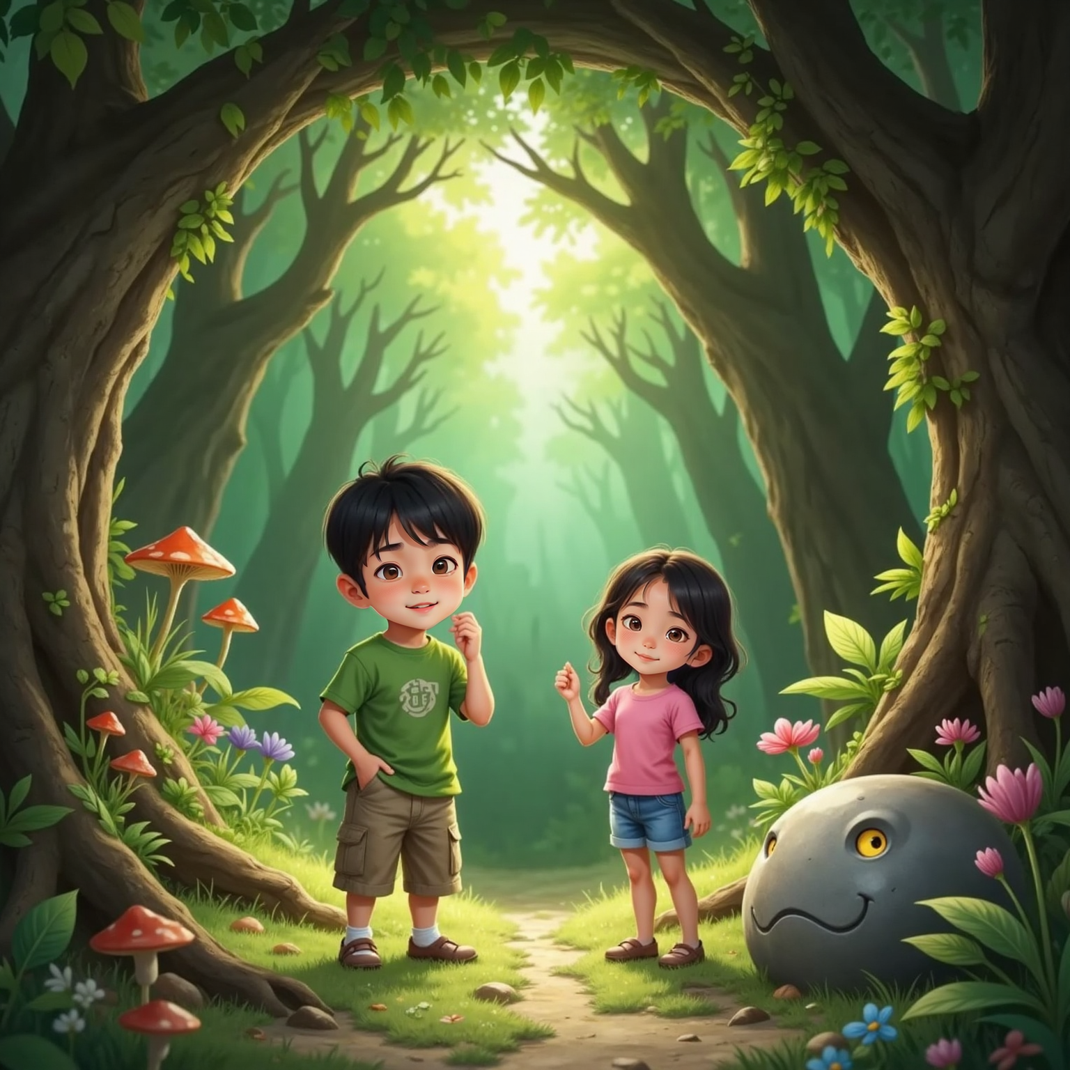 Beneath mossy arches bathed in soft morning light, Agent scratches his chin in thought while Mini, smiling, declares the answer. The enchanted stone laughs and hops aside, clearing a path deeper into the forest corridor.