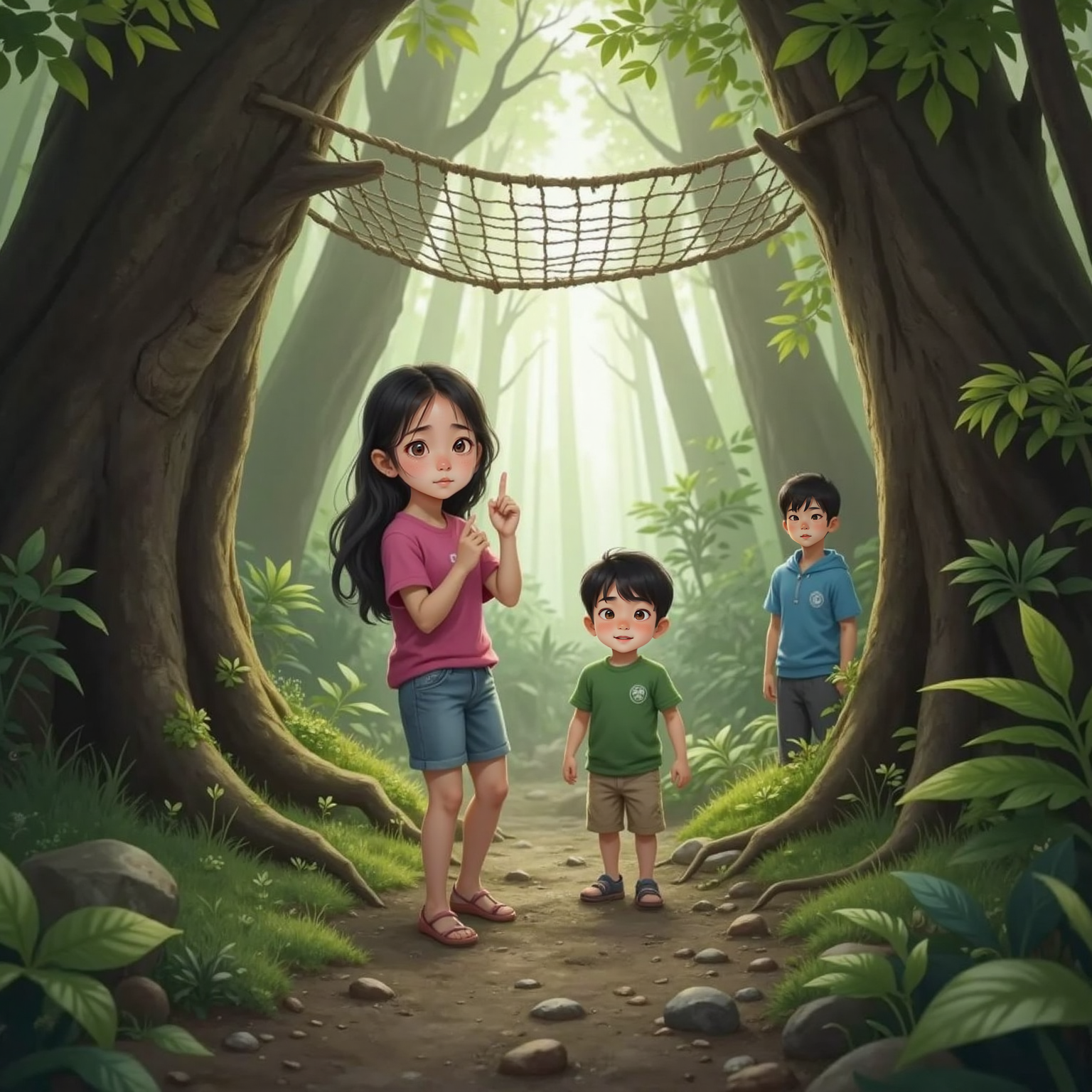 Along a narrow forest trail under grey afternoon skies, a hidden net swings from overhead branches. Mini raises a warning finger as Agent freezes mid-step on a cracking twig, while Jungki giggles quietly behind them.