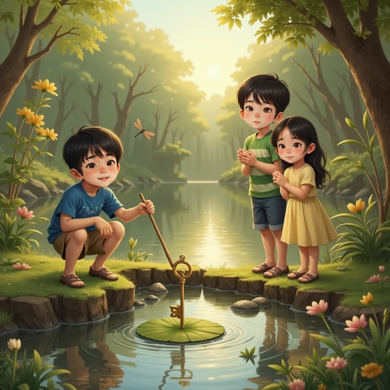 At a shimmering woodland pond in late afternoon, a golden key rests atop a round lilypad. Agent kneels on the bank with a stick extended, Mini cheers beside him, and Jungki grins at their watery reflection.
