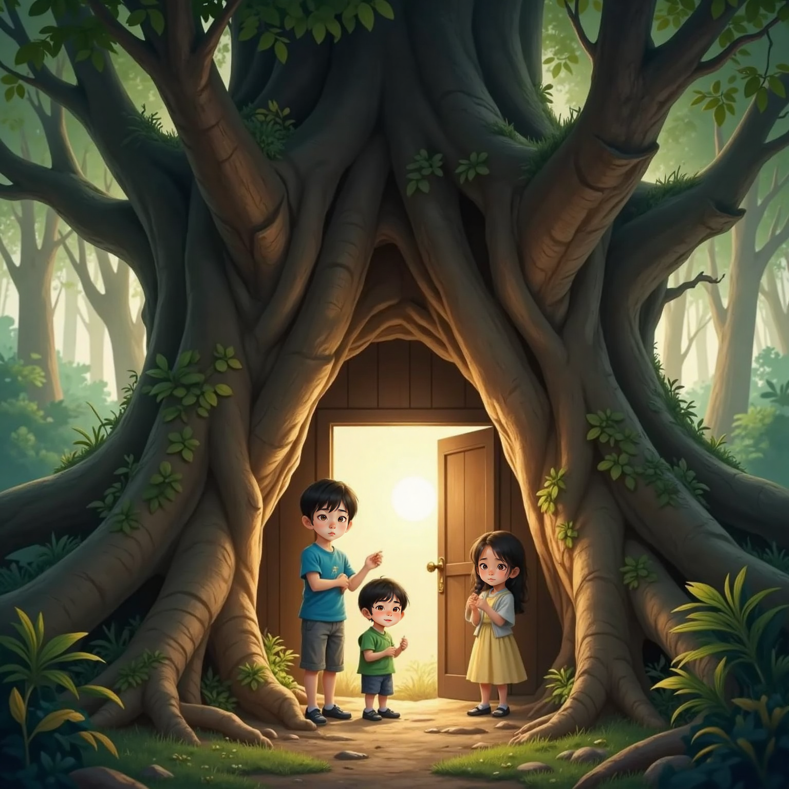 Before the massive trunk of an ancient tree at twilight, Agent turns a key in a small wooden door set among roots. Mini shivers close to him while Jungki peers in; warm golden light spills onto their faces.