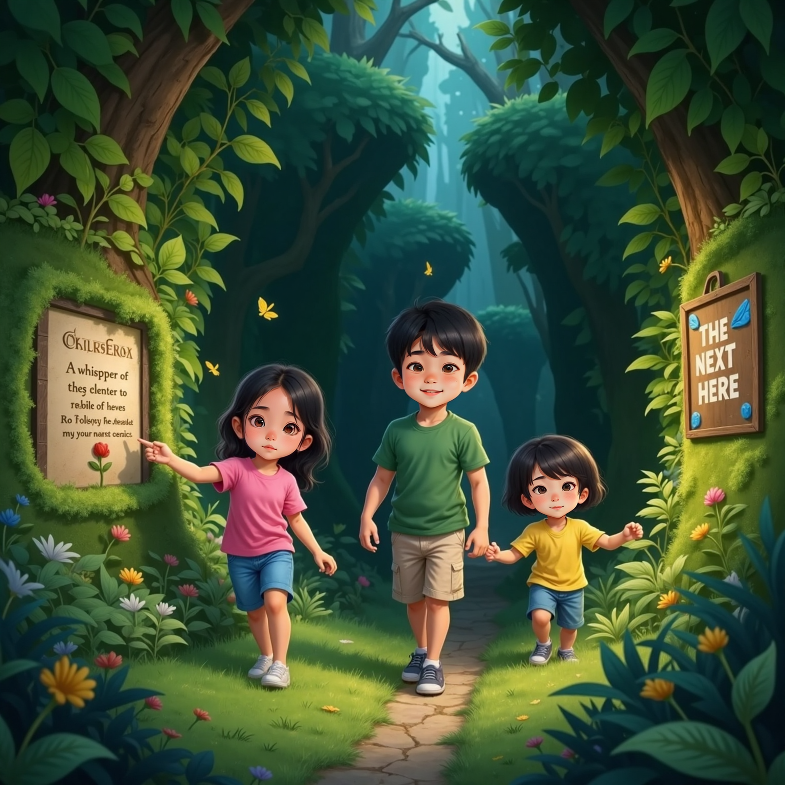 Inside a dim leafy maze lit by scattered firefly glow, Mini hesitates at a fork while Agent points to a rhyming clue. Ahead, Jungki skips toward a blue marker painted on the living wall.