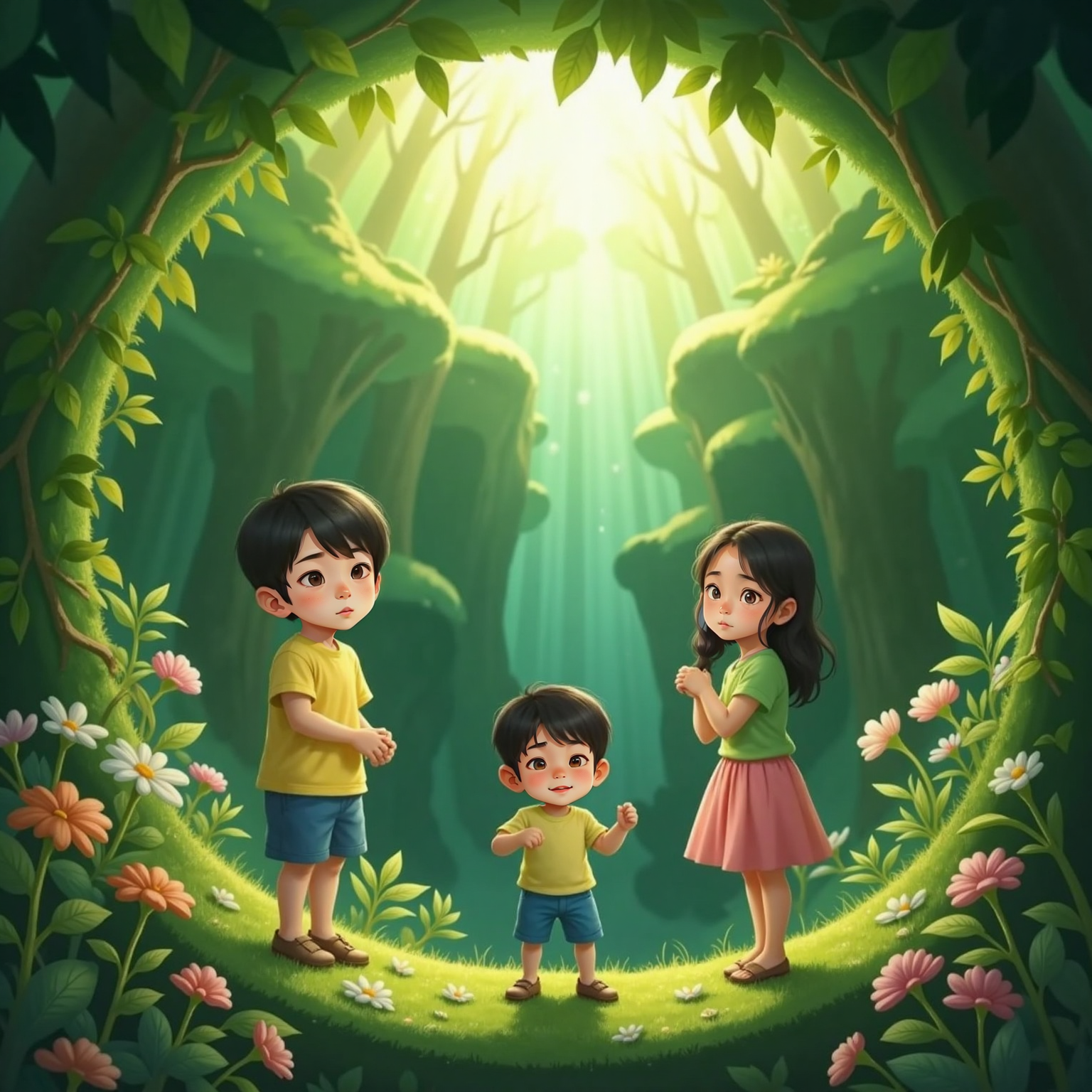 At the maze’s core, a leafy platform rises skyward like an elevator beneath an opening canopy. Agent balances near the edge, Mini watches wide-eyed, and Jungki laughs as sunlight streams through fluttering green wings.