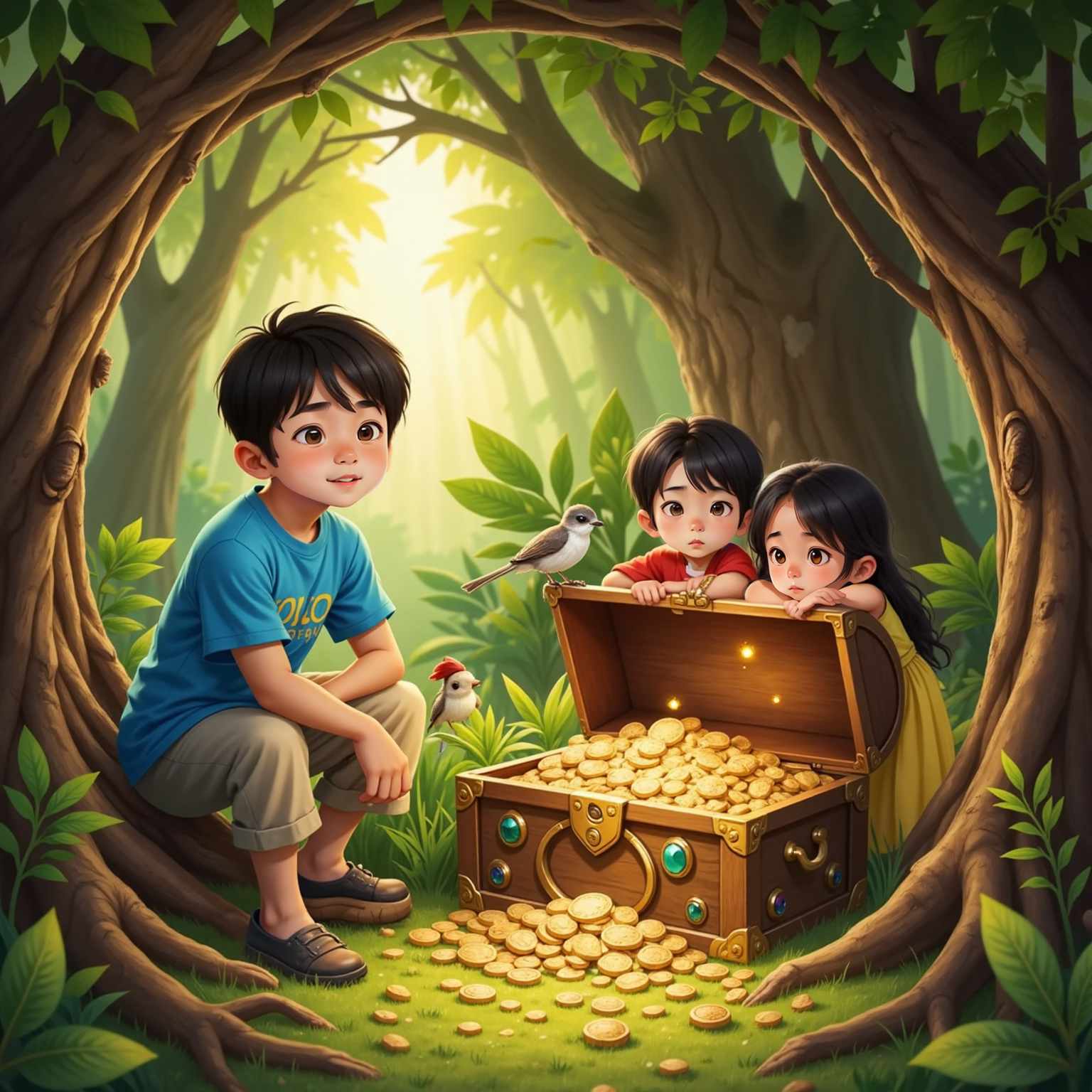 Inside a high treetop chamber glowing with morning sun, Agent lifts the lid of a jewel-studded chest overflowing with gold and gems. Mini hugs Jungki beside him, their faces illuminated by colorful sparkling reflections.