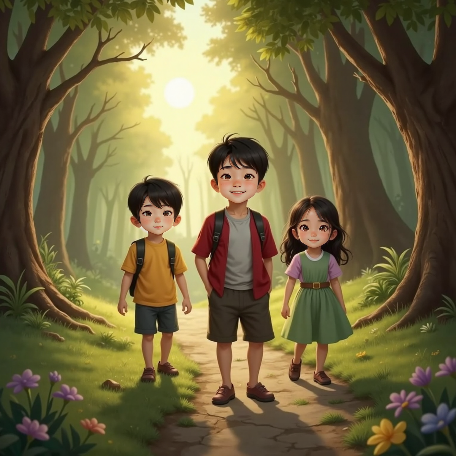 On a winding forest path at sunset, Agent leads Mini and Jungki homeward, pockets jingling with treasure. Warm orange light filters through trees, casting long shadows as the friends march together, smiling with shared triumph.
