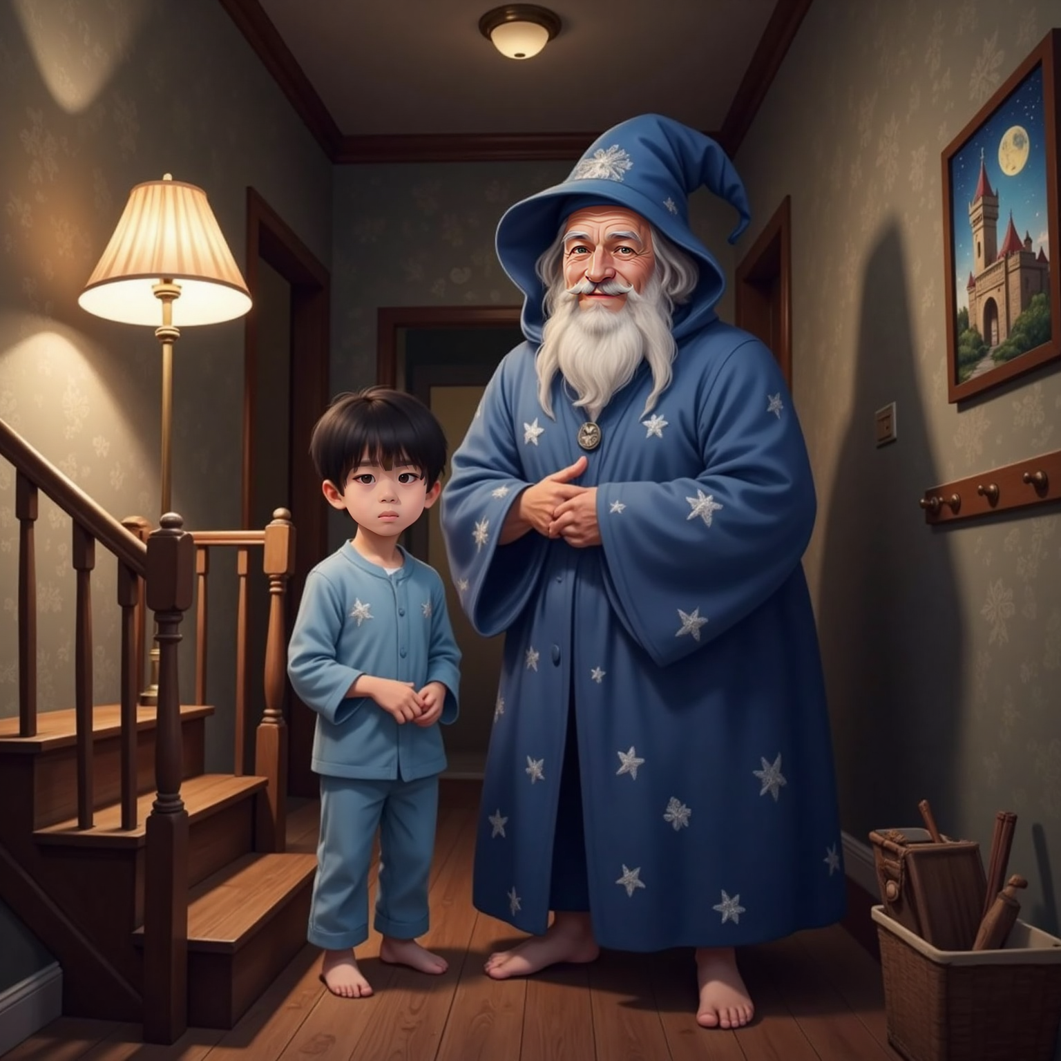 In the dimly lit downstairs hallway at night, Ashton stands barefoot on the bottom step while The Wizard, wearing a bright blue hat, smiles beside a softly glowing floor lamp.