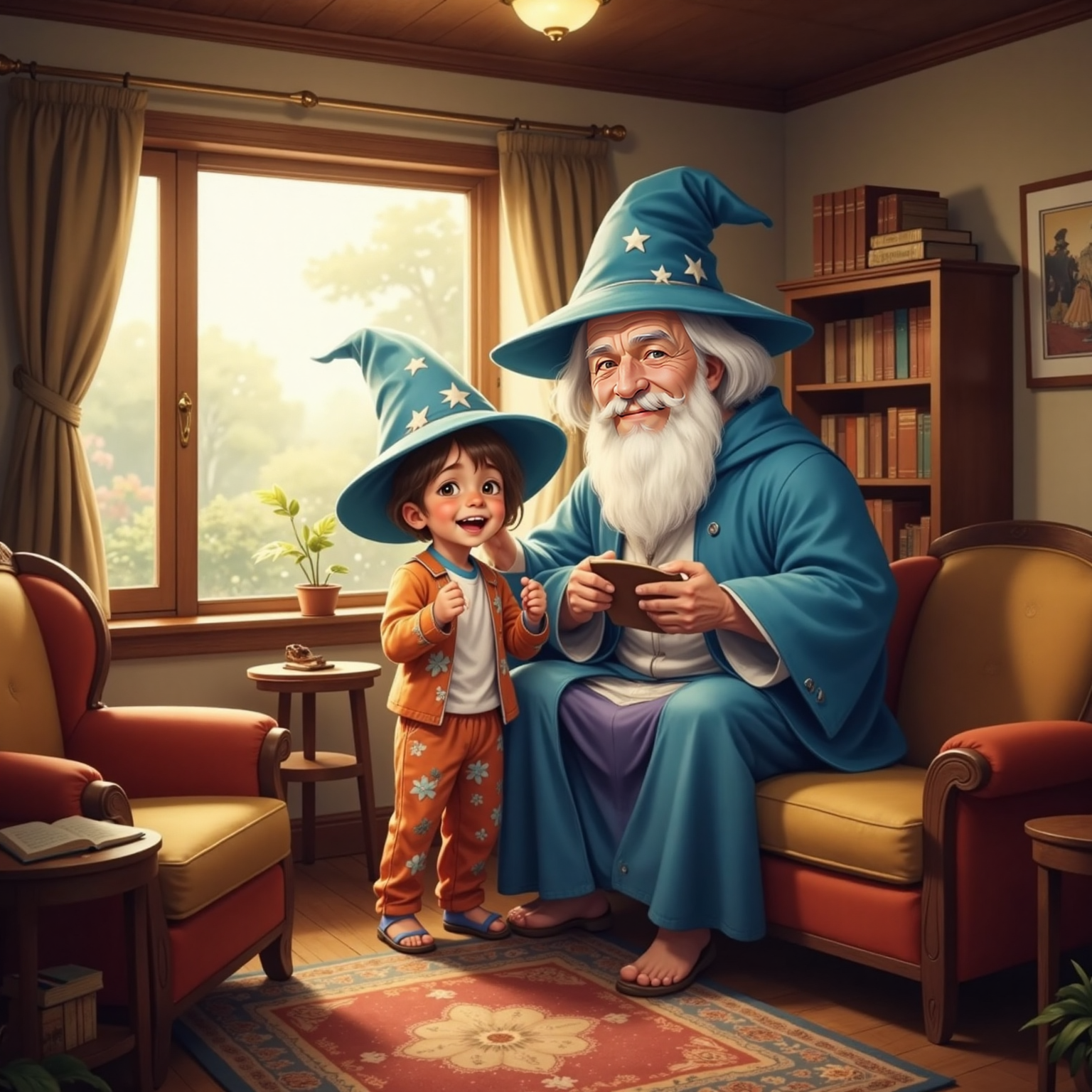 Inside the cozy living room at dawn, The Wizard settles an oversized floppy hat onto Ashton’s head; the brim droops past Ashton’s eyes as he lifts it with both hands, giggling in warm sunrise light.