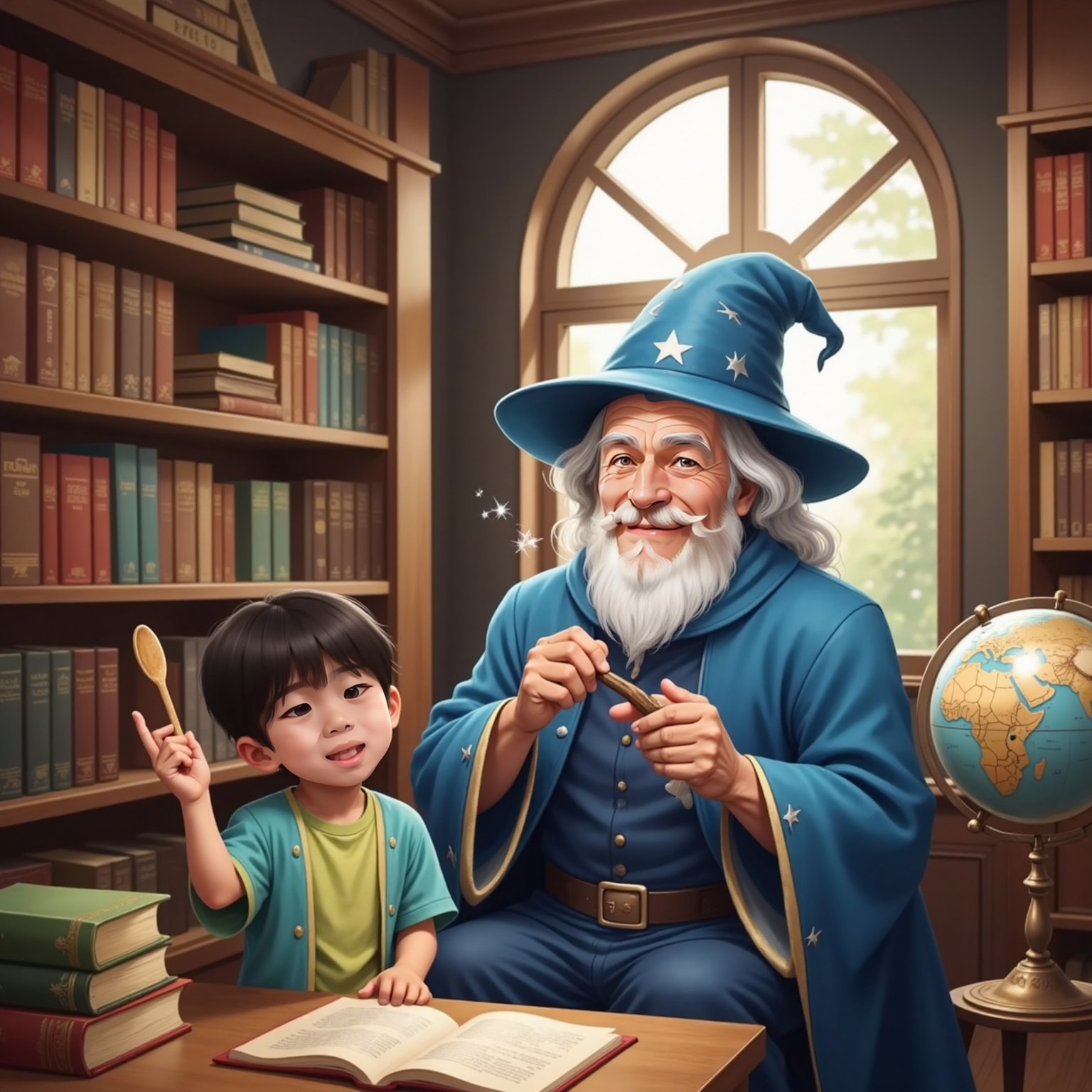 In a bright study filled with books, Ashton waves a wooden spoon like a pretend wand and shouts “Zippa-zappa-zoo!” while The Wizard conjures a small puff of rainbow glitter from his sleeve under midday sunlight.