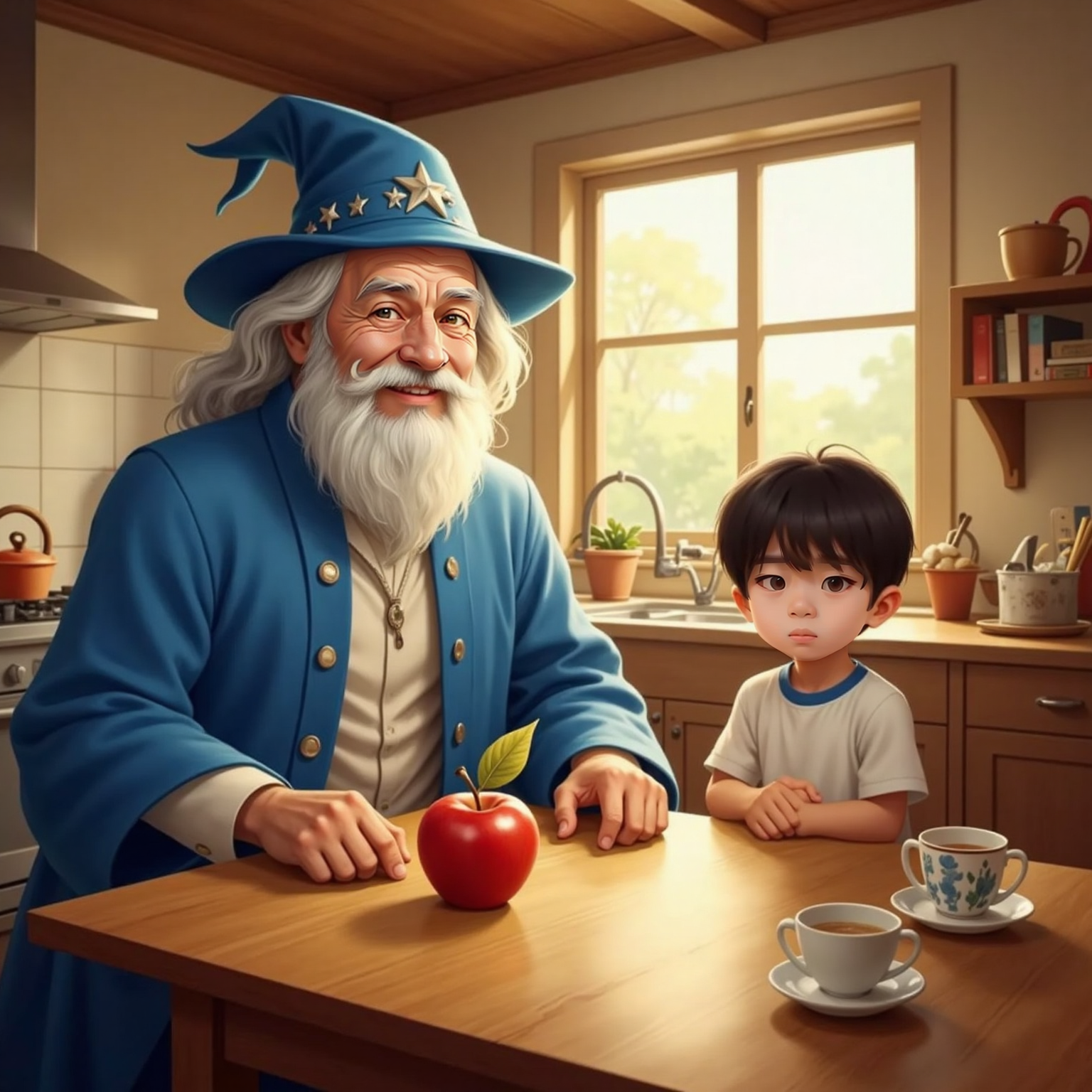 At the kitchen table in afternoon light, an apple rests near The Wizard while Ashton stands opposite, eyes squeezed shut; the apple wobbles off the edge, captured mid-roll on the wooden floor.