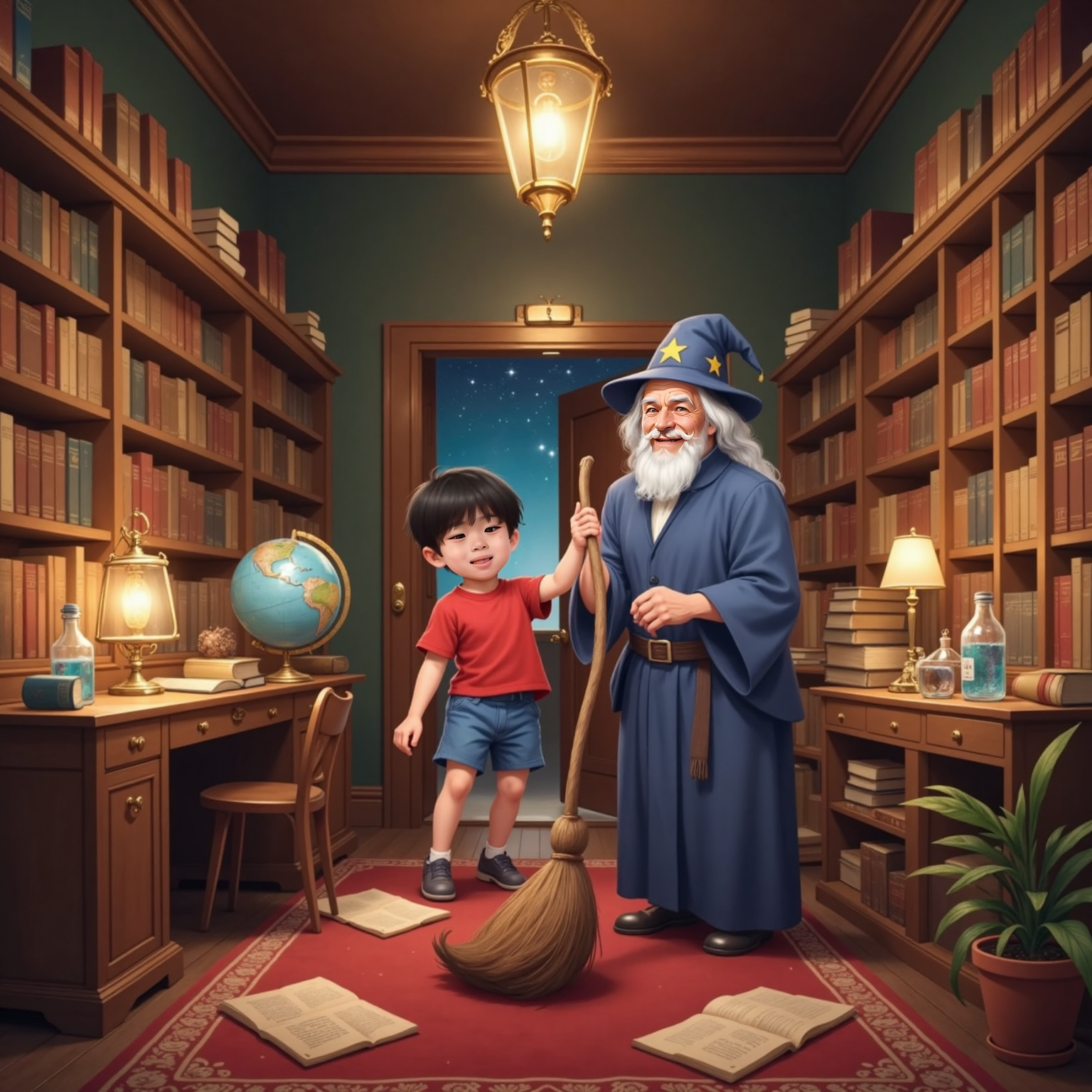 Inside a high-ceilinged study lit by golden lanterns, Ashton clings to a gently floating broom circling above scattered scrolls while The Wizard stands below, laughing and steadying the broom’s tail.