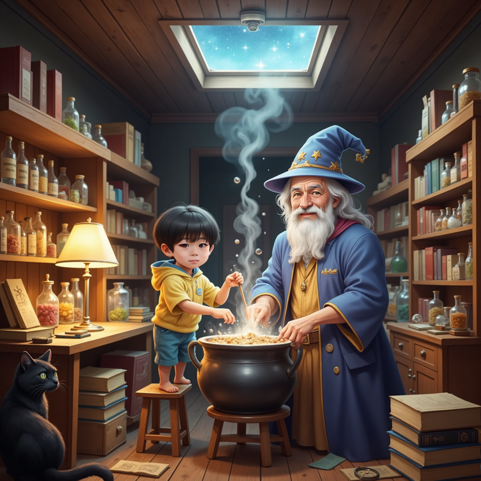 In the cluttered potion workshop under warm lamplight, colorful bottles surround Ashton as he carefully stirs a steaming cauldron; bubbles burst into shimmering giggles while The Wizard beams at the fizzing concoction.
