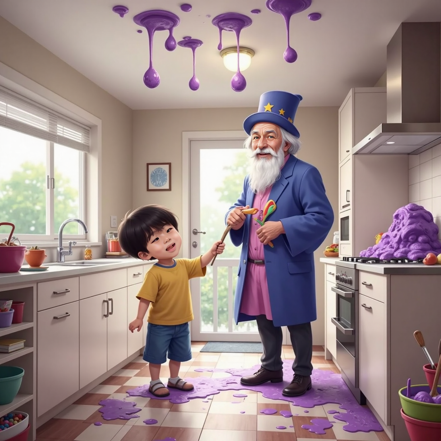 The sunlit kitchen glows rainbow-bright; purple pancakes stick to the ceiling as Ashton points upward, holding a dripping spatula, while The Wizard chuckles beside a sink overflowing with multicolored suds.