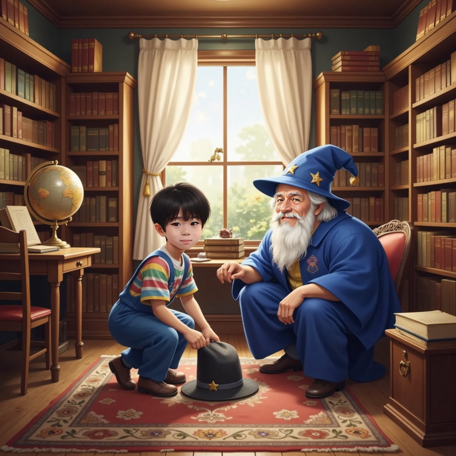 Afternoon light filters across the tidy study; Ashton kneels on the rug, triumphantly pulling his floppy hat from under a wooden chair while The Wizard crouches nearby, smiling proudly at the recovered treasure.