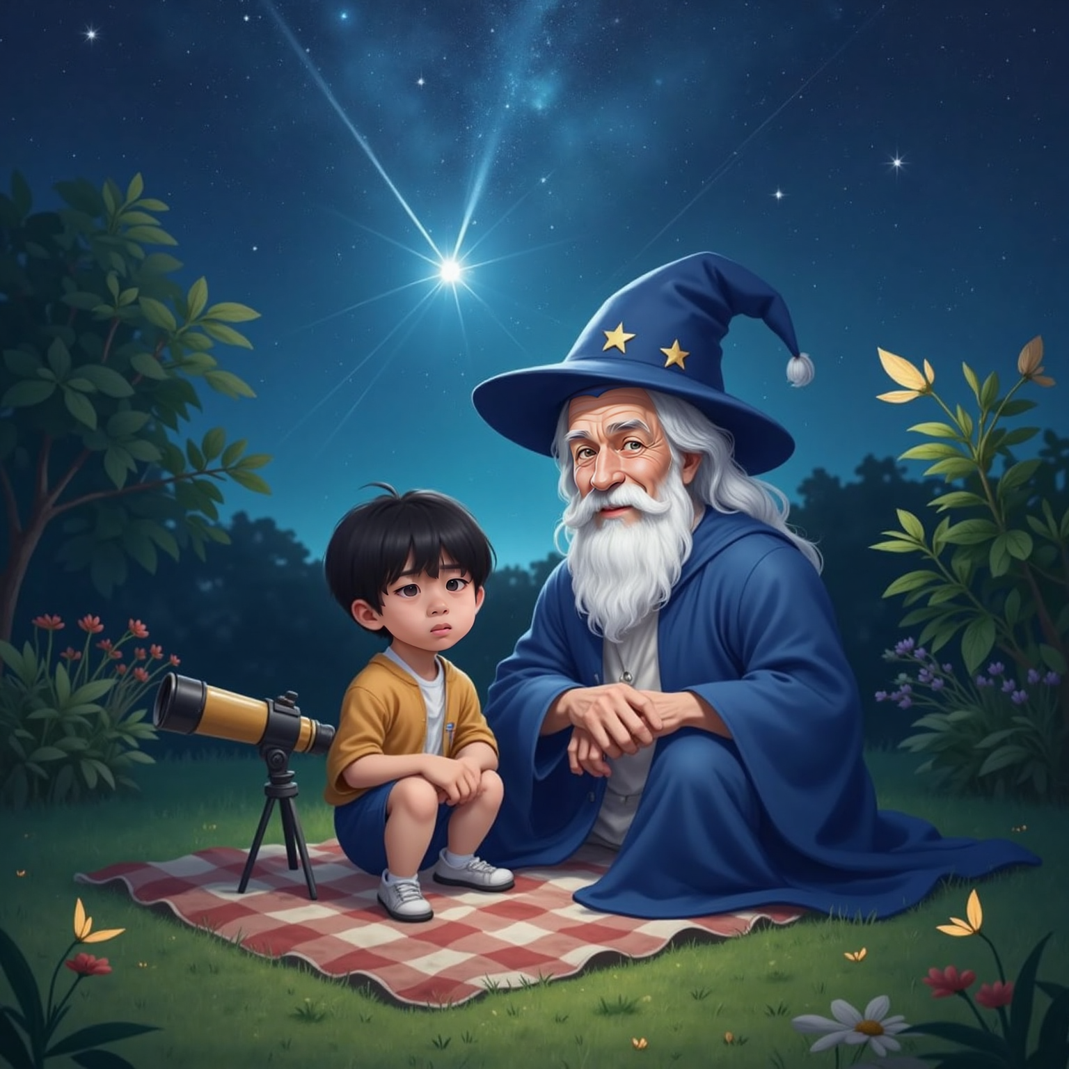 On a grassy backyard under starry night, Ashton and The Wizard sit side by side on a blanket, faces lit by starlight as a bright shooting star streaks overhead.