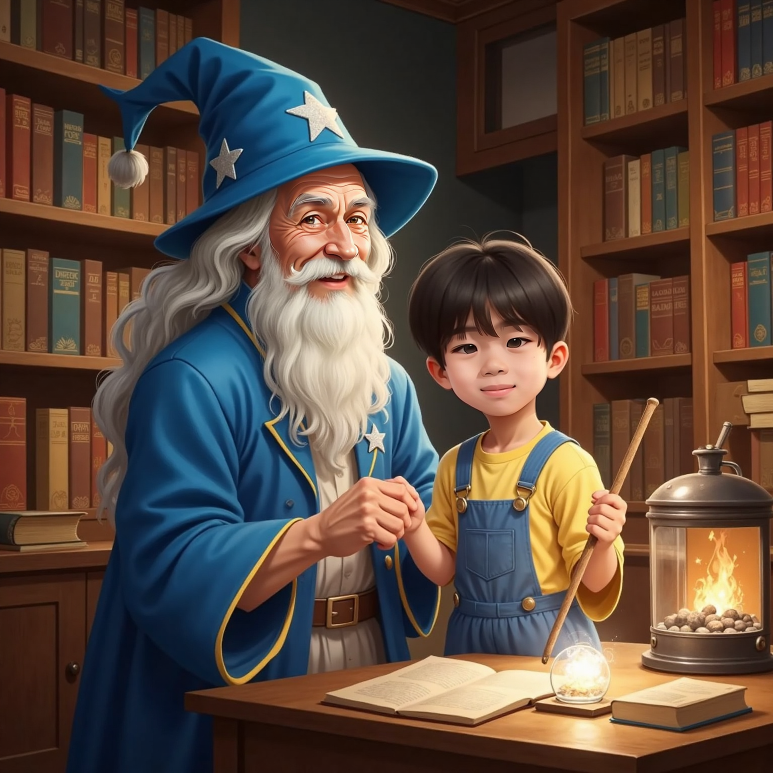Inside the warmly lit study, The Wizard hands Ashton a tiny wand; Ashton waves it with a confident grin as silver glitter bursts around them, sparkling against towering bookshelves.