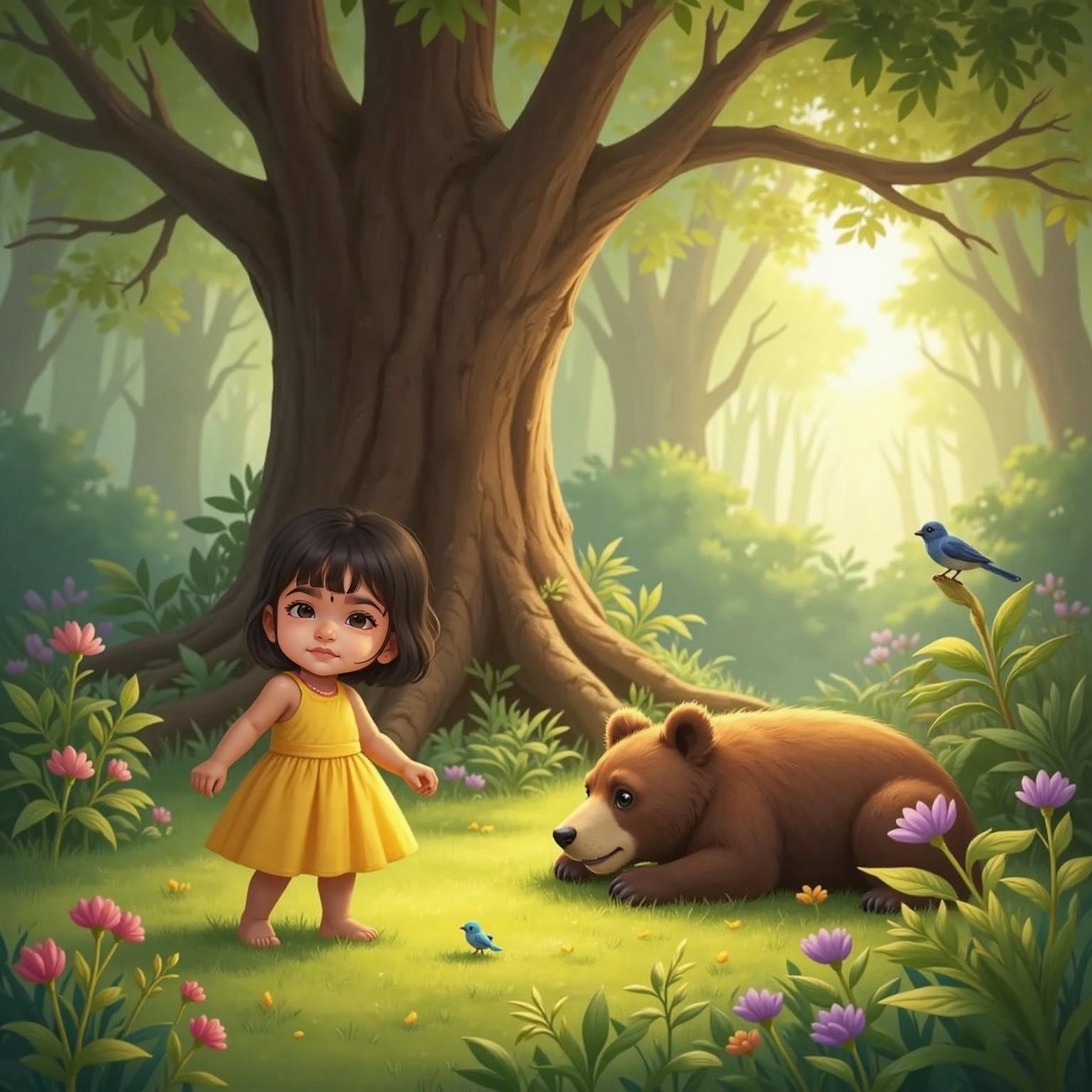 In a sun-dappled forest clearing beneath a huge oak tree, Shravani tiptoes toward Tofu, who lounges on his side, one eye half-open and a faint smile emerging. Morning light filters through leaves.