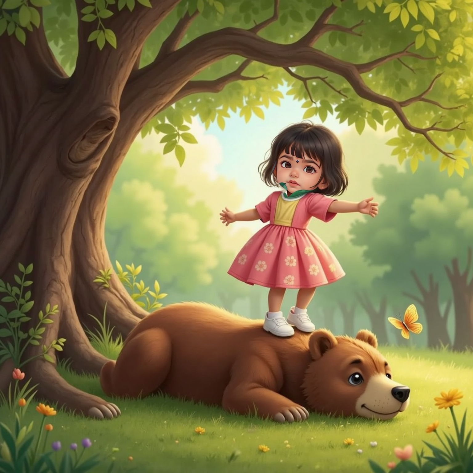 Under the same forest oak at late morning, Tofu lies flat on his back, eyes amused, while Shravani balances on his soft round belly with arms spread, mid-hop, both sharing wide giggles. Late-morning sun filters through branches.
