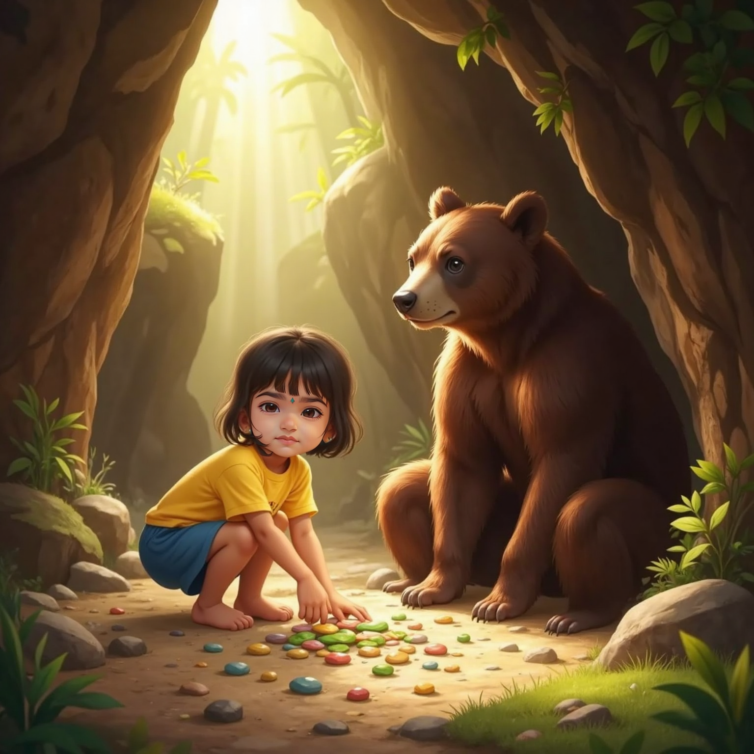Inside Tofu’s dim cave glowing with afternoon shafts of light, Shravani kneels scattering shiny pebbles and bright leaves across the floor, while Tofu sits nearby, paws folded, watching with a secretly impressed smirk. Scattered sunbeams make the pebbles sparkle.