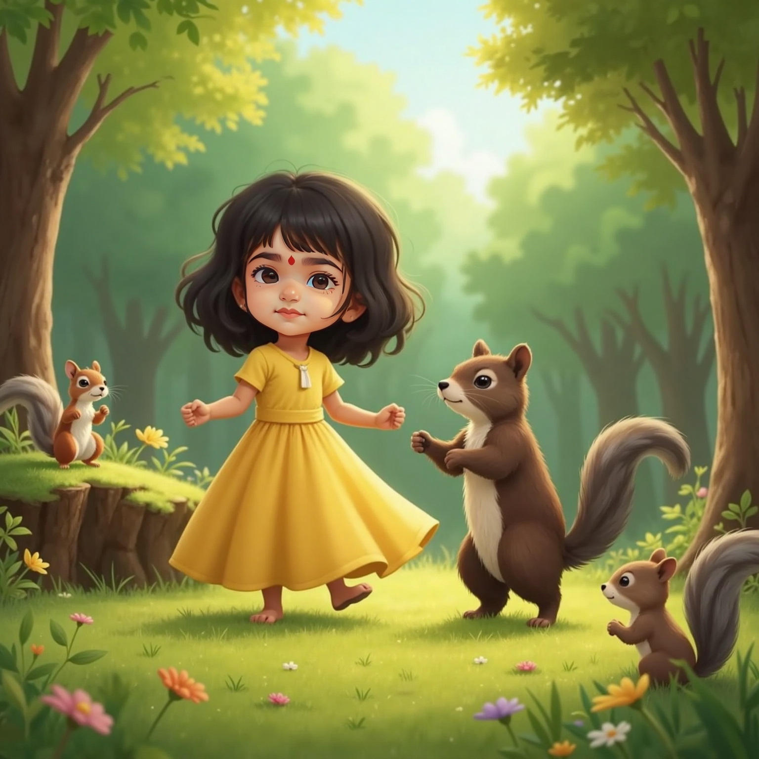 In a bright midday forest clearing, Shravani demonstrates a graceful twirl while Tofu attempts a slow shuffle beside her. Three tiny squirrels with bushy tails perch on a fallen log, eyes shining with curiosity.