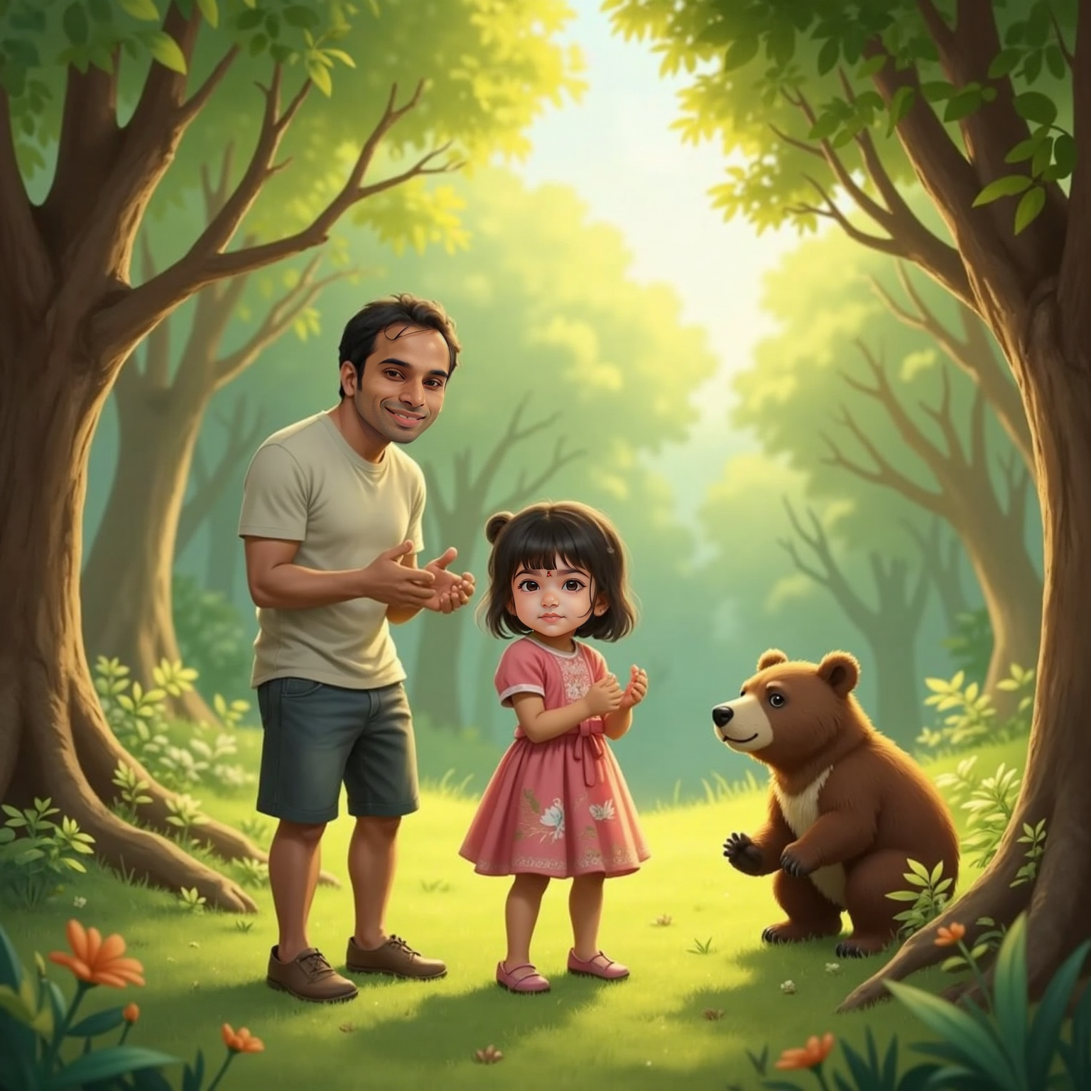 In the dappled afternoon clearing, Shravani leads Dad in a playful clap-along as Tofu gives a shy bow nearby, sunlight flickering through leaves onto the mossy ground. Breezy birdsong fills the air.