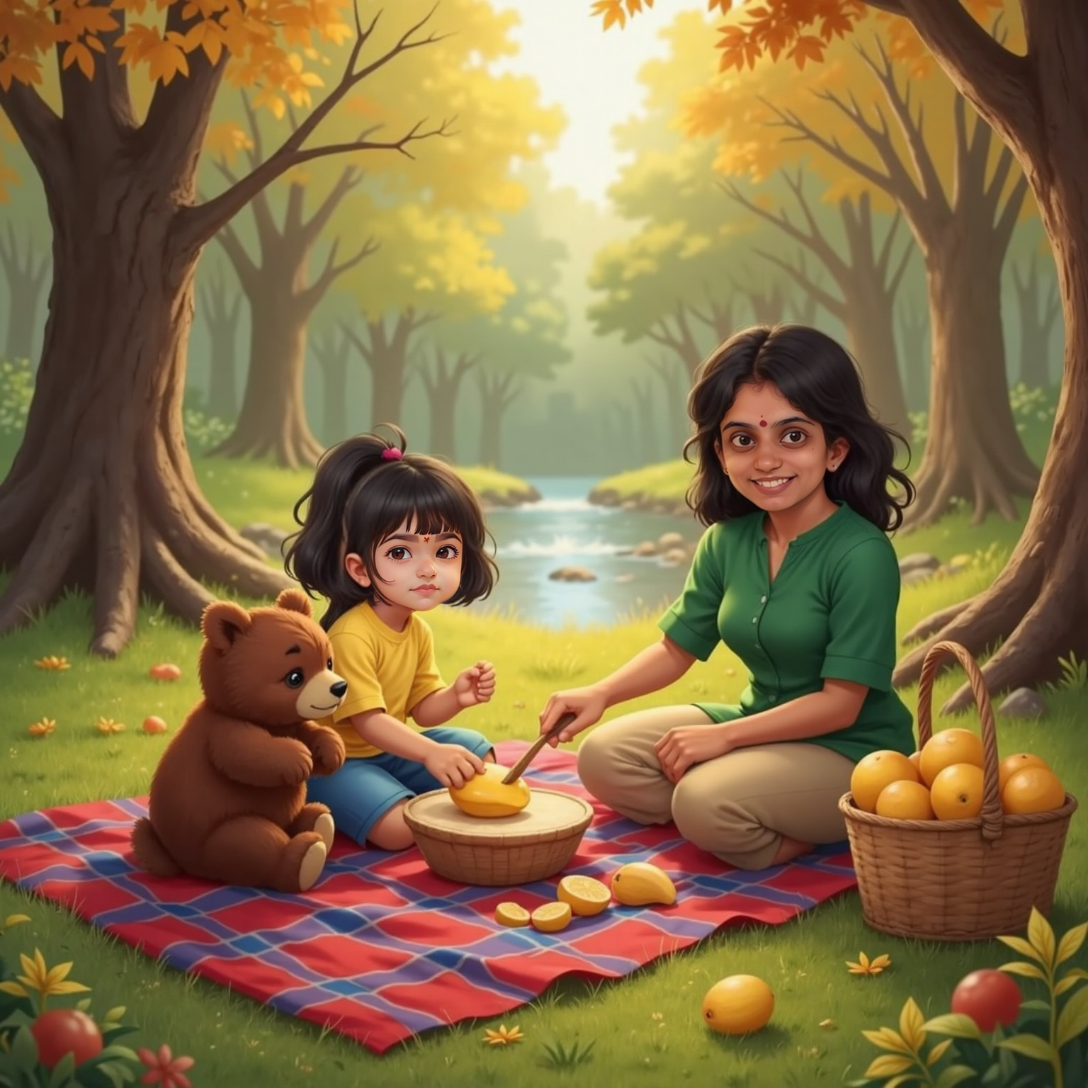 On a plaid picnic blanket in the golden late-afternoon forest, Mom slices bright mangoes while Shravani taps one like a little drum. Beside them, Tofu sits cross-legged, paw-drumming a lively beat on the blanket, leaves drifting in warm light.