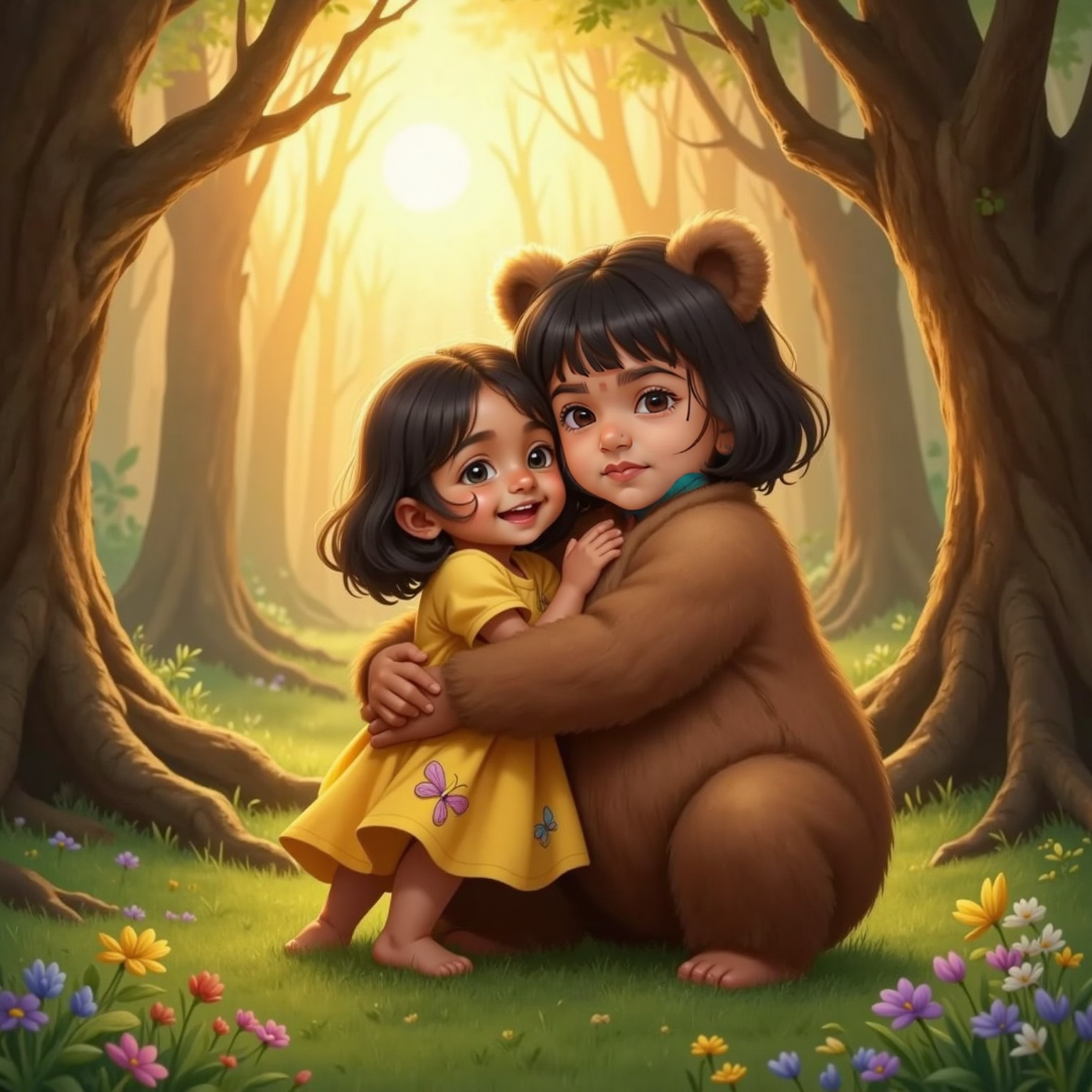 At the forest clearing’s edge under orange sunset light, Shravani wraps her arms around Tofu’s broad neck. Tofu smiles widely, returning the hug as long rays illuminate drifting dust motes.