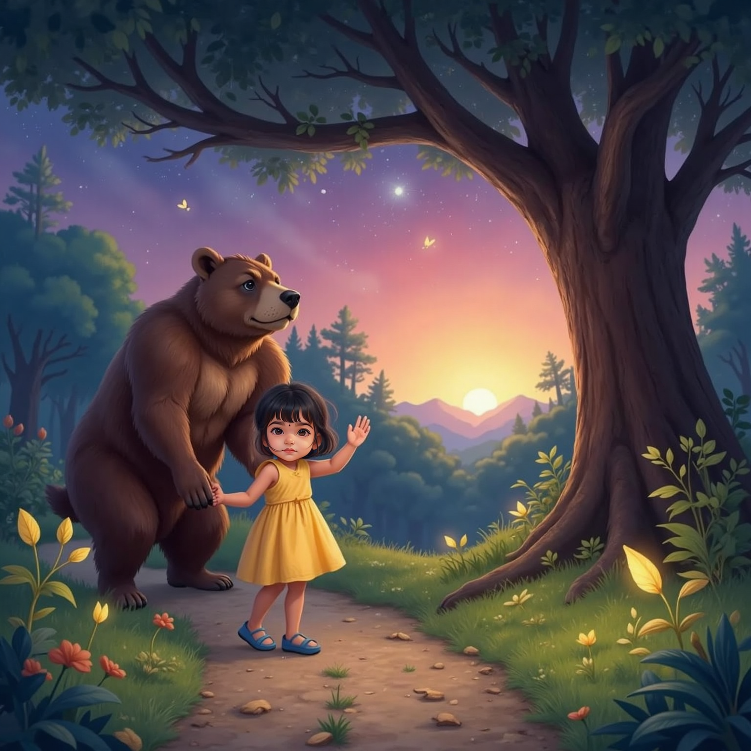 On the twilight forest path near the oak tree, Shravani waves cheerfully toward Tofu. Facing her, Tofu completes a playful twirl, fur catching the pink dusk glow, while fireflies flicker around the departing friends.