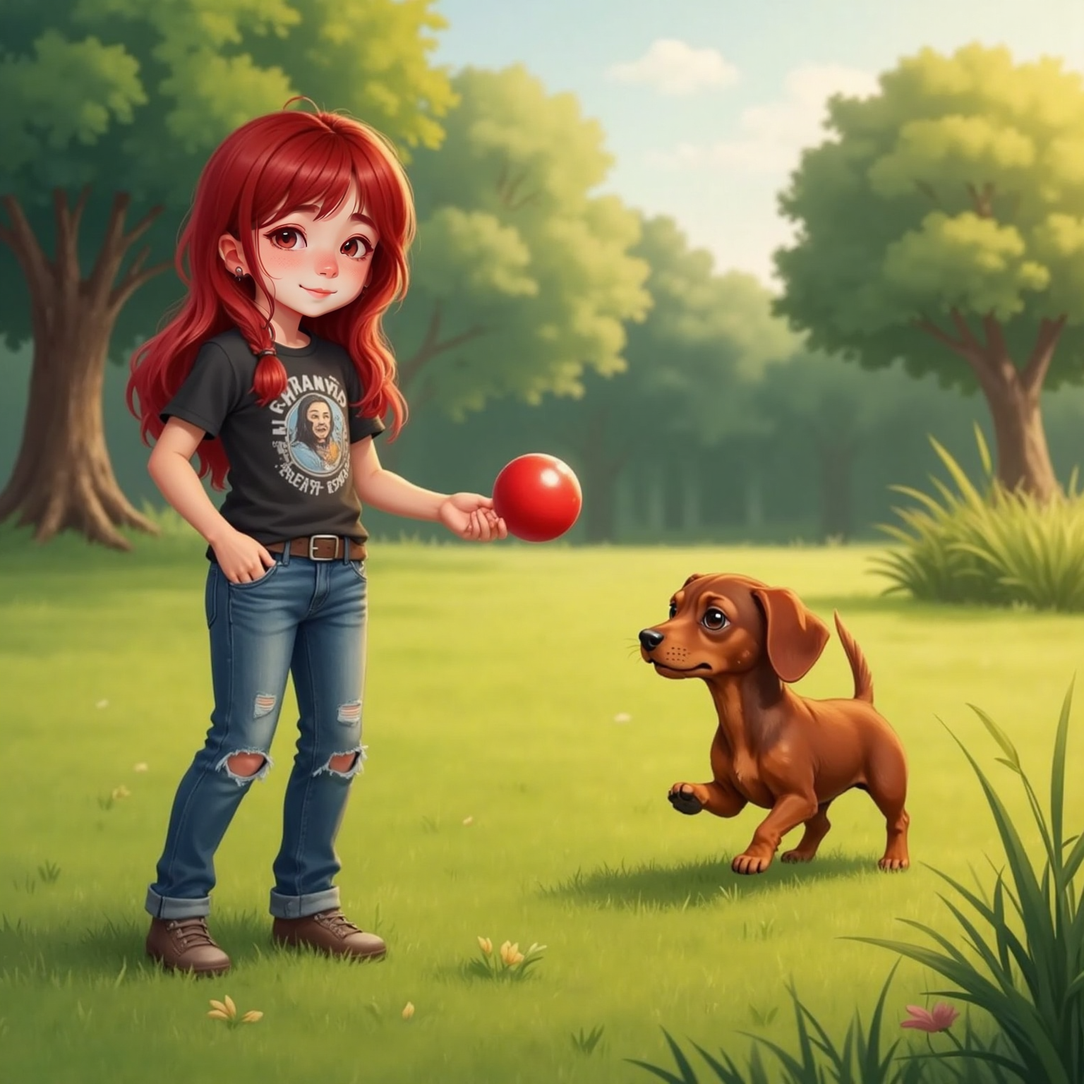Lily tosses the red ball across grass as Schnitzel sprints toward tall grass where it bounces under bright afternoon sun in the open park.