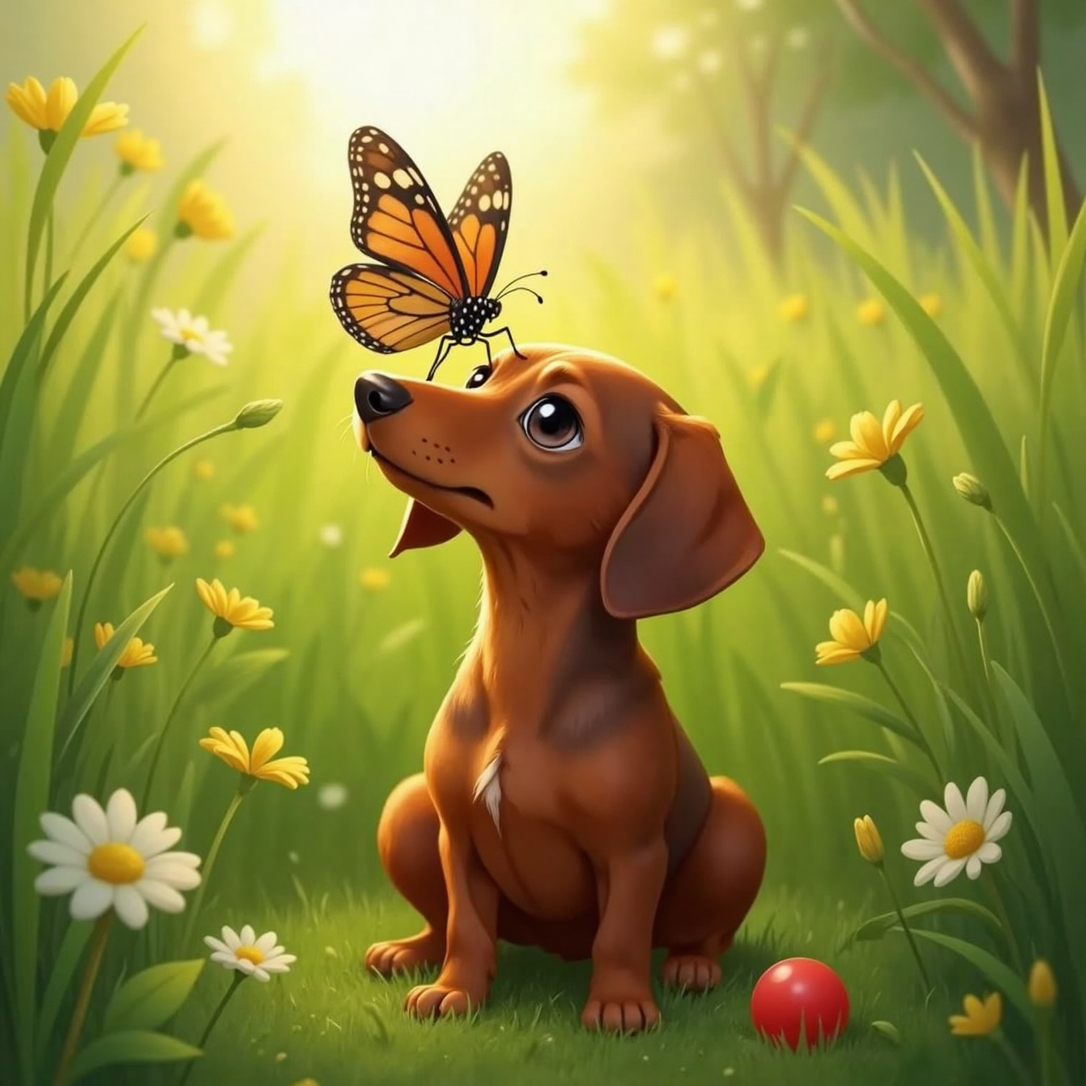 In sunlit tall grass at midday, Schnitzel sits nose-to-sky as a butterfly perches on his snout, the red ball lost behind him.