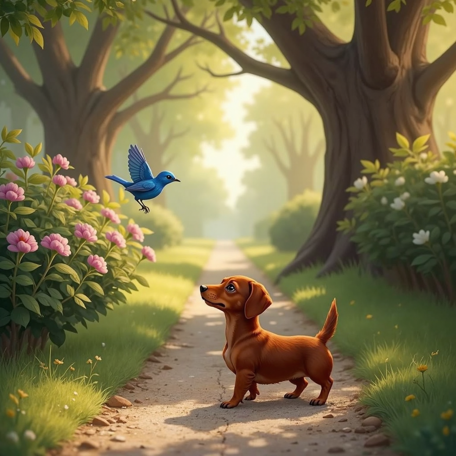 Along a shaded gravel path, Schnitzel looks up while a small bluebird with bright feathers hovers above a flowering bush in late-afternoon light.