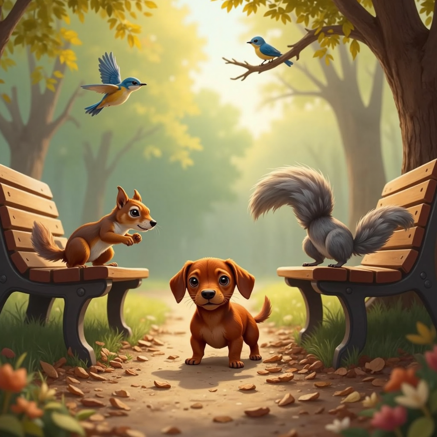 Between wooden benches under dappling midday shade, Schnitzel recoils as a grey squirrel with bushy tail darts across leaf-strewn ground, while a small bluebird with bright feathers watches from a low branch.
