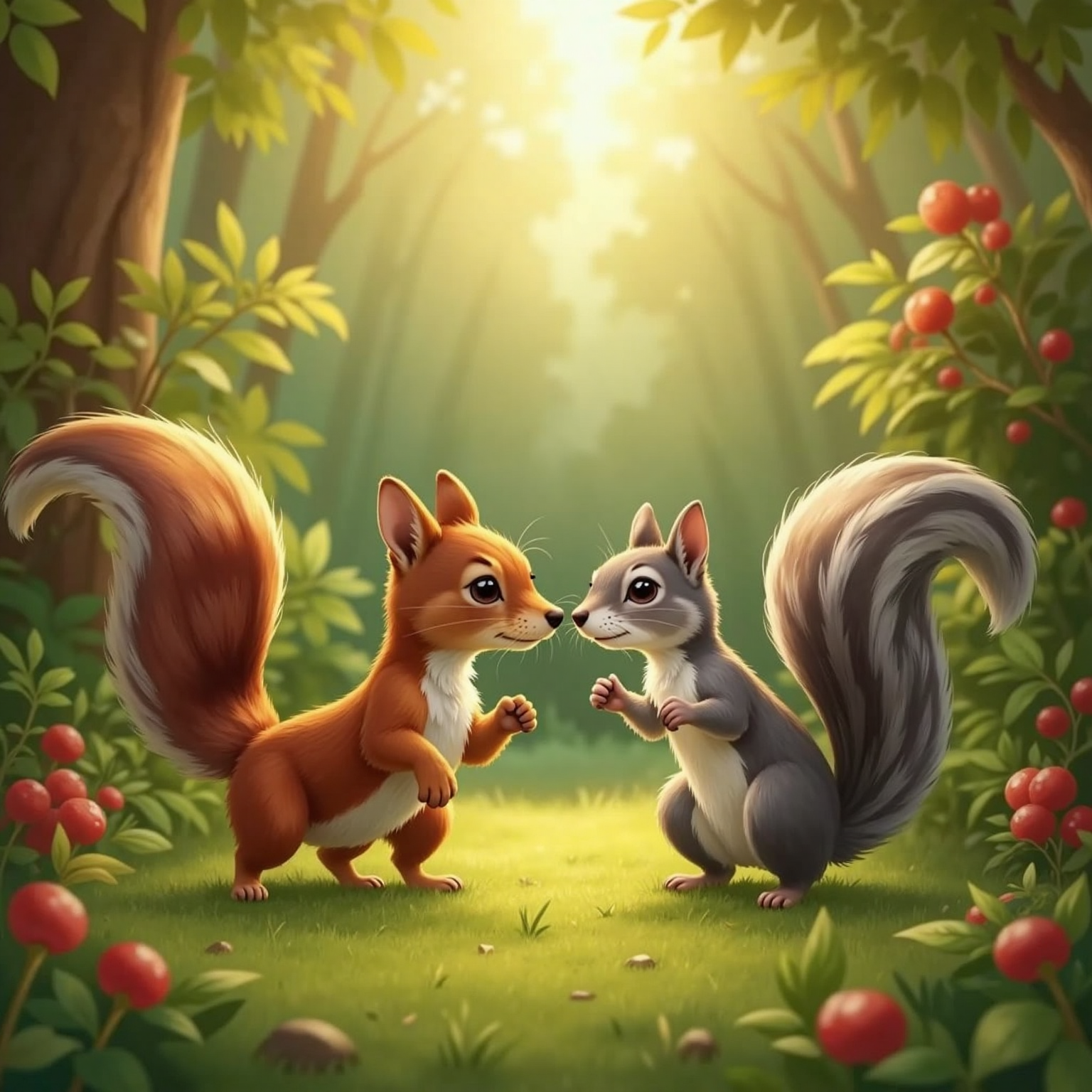 At a quiet clearing beside berry bushes, Schnitzel meets nose-to-nose with a grey squirrel with bushy tail, both framed by warm late-day sunlight filtering through leaves.