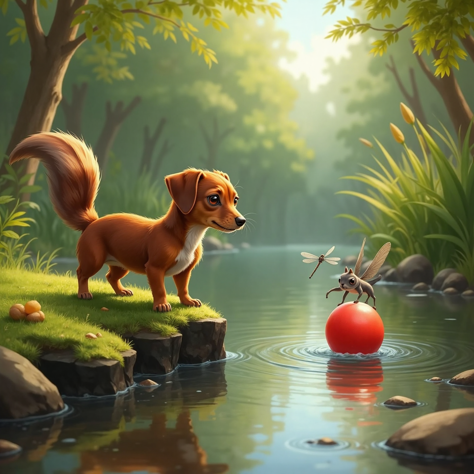 On the mossy riverbank in bright afternoon, Schnitzel watches eagerly as a grey squirrel with bushy tail leaps over slick stones to snatch the floating red ball from the water.