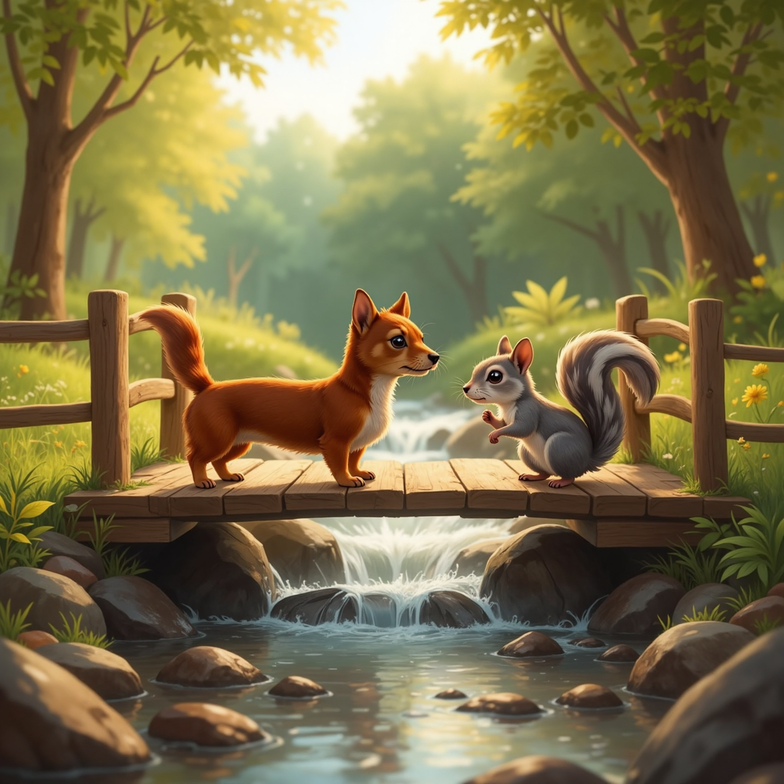 Mid-bridge on a small wooden walkway above a sparkling stream, Schnitzel and a grey squirrel with bushy tail pause, lit by golden late-afternoon sun, ears cocked toward distant children’s laughter.