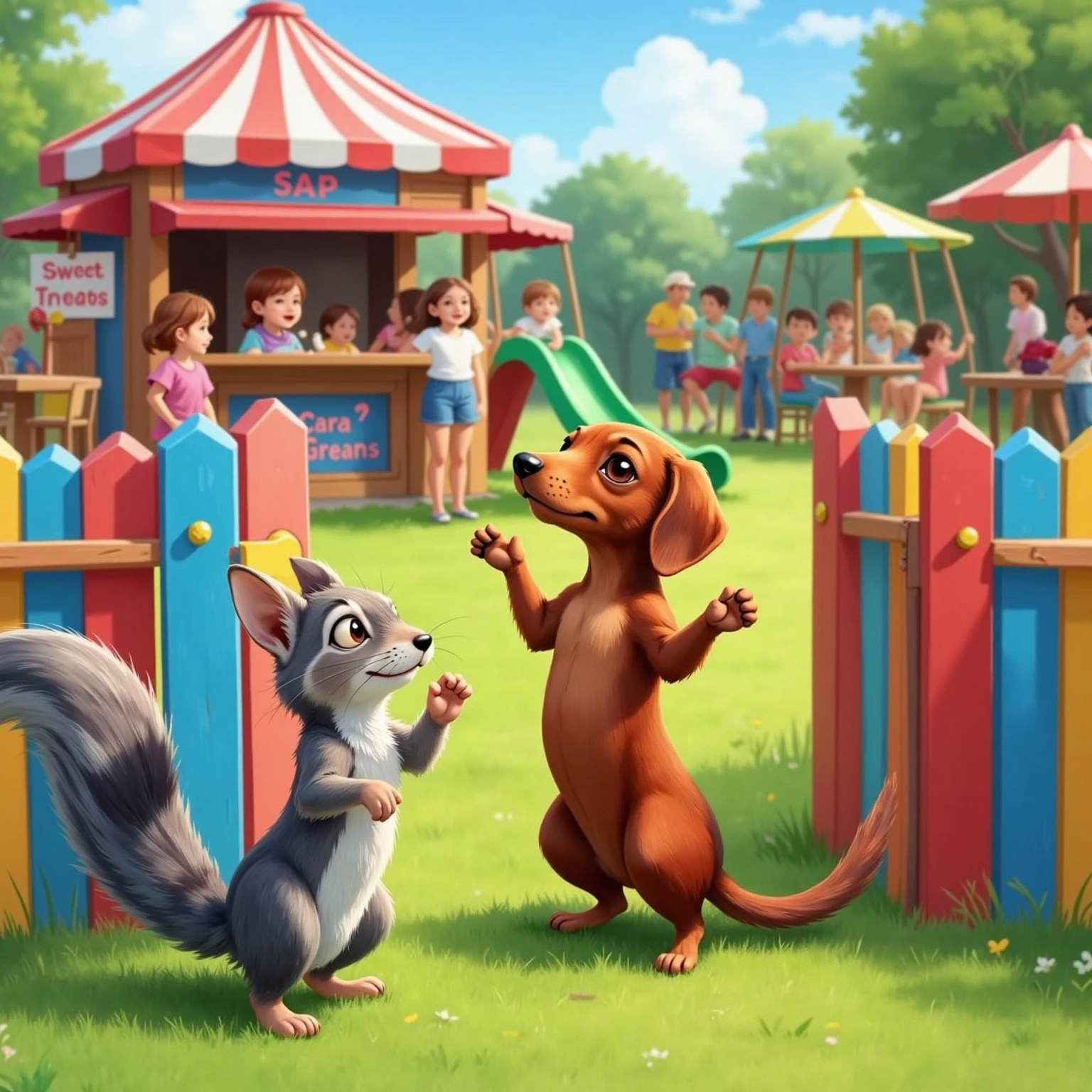 At the colorful playground fence under bright noon light, Schnitzel stands on hind paws peering in while a grey squirrel with bushy tail points toward a nearby ice-cream stand crowded with families.