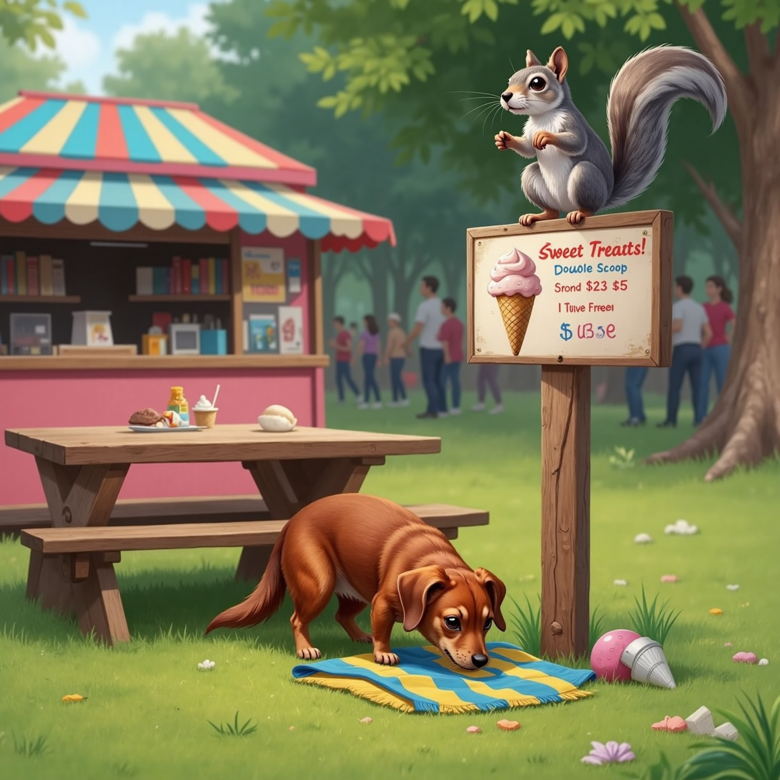 Beside the ice-cream stand’s picnic bench in late-afternoon shade, Schnitzel sniffs a familiar scarf on the ground as a grey squirrel with bushy tail scans the crowd from a signpost above.
