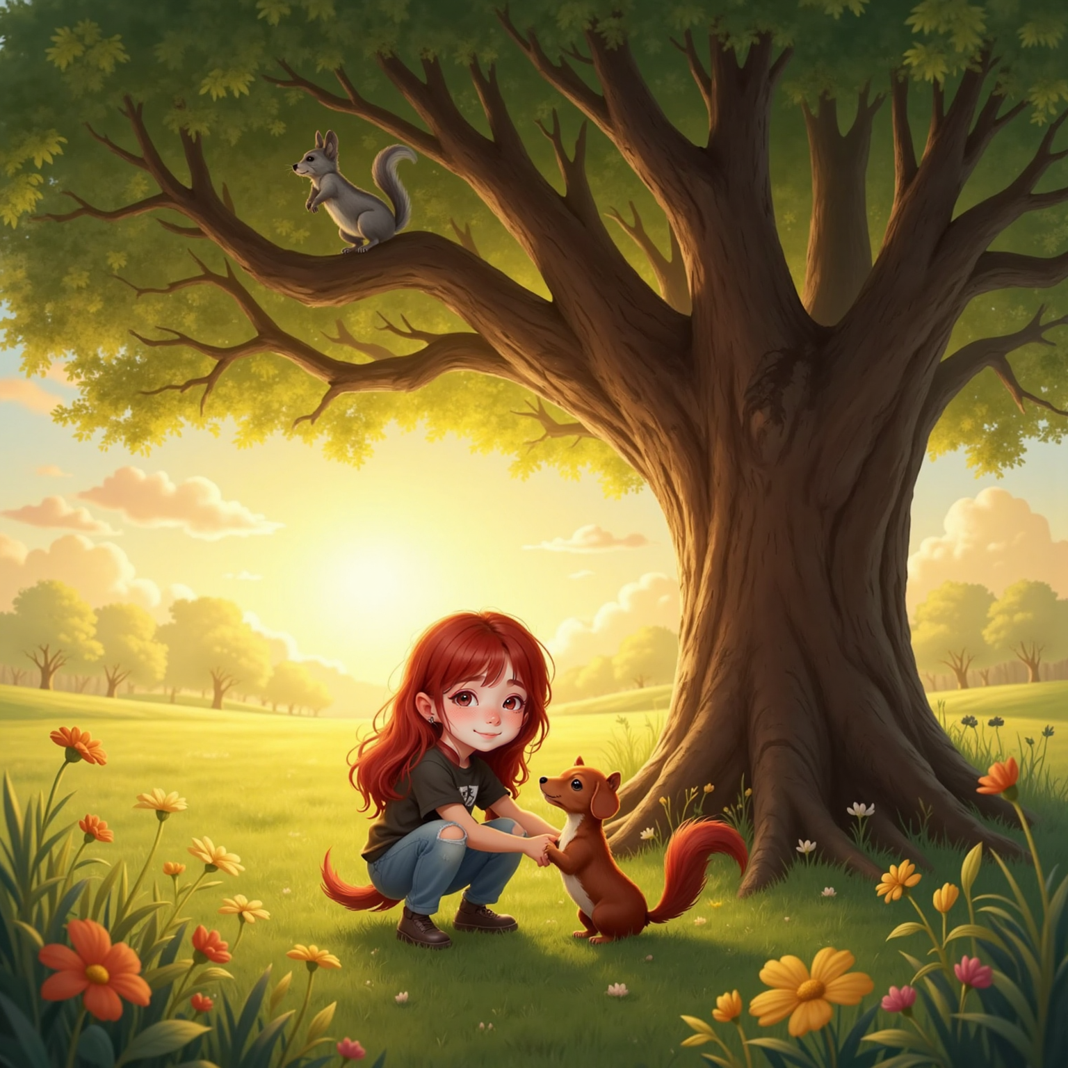 Under a leafy oak bathed in golden sunset, Lily kneels arms wide while Schnitzel leaps into her embrace, and a grey squirrel with bushy tail watches smiling from an overhead branch.